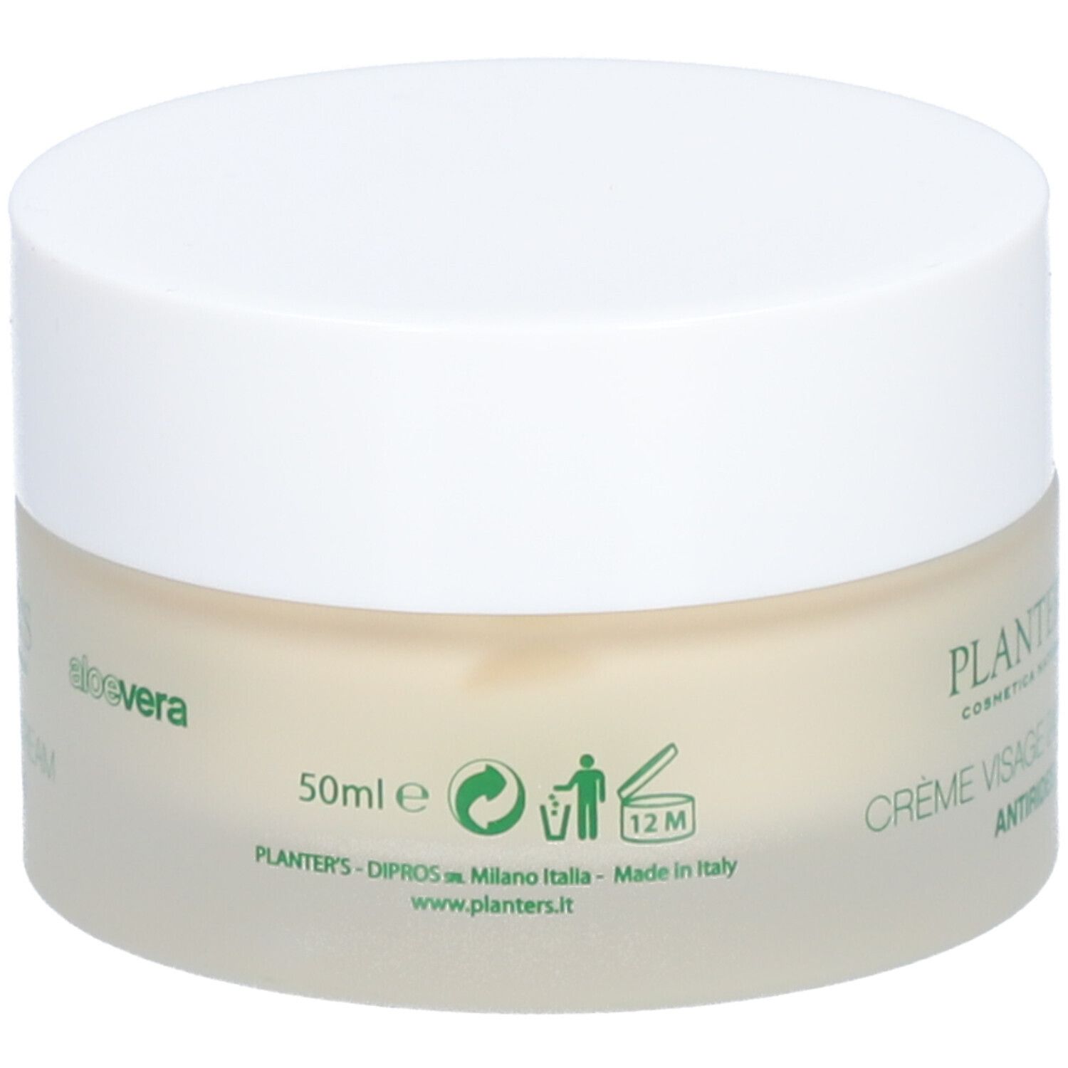 Pot de crème avec couvercle. Inscription : PLANTER'S, CRÈME VISAGE 24 HEURES, ANTIRIDES. Logo aloe vera. 50ml.