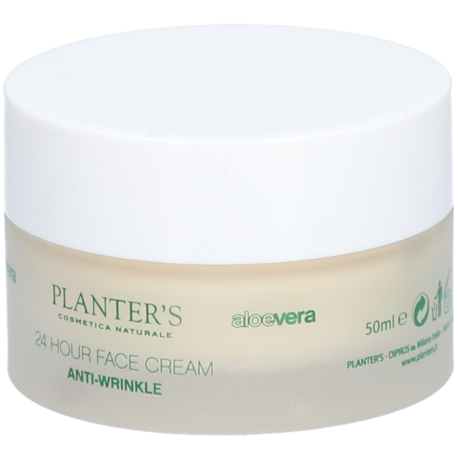Pot de crème avec couvercle. Inscription : PLANTER'S, 24 HOUR FACE CREAM, ANTI-WRINKLE. Logo aloe vera. 50ml.