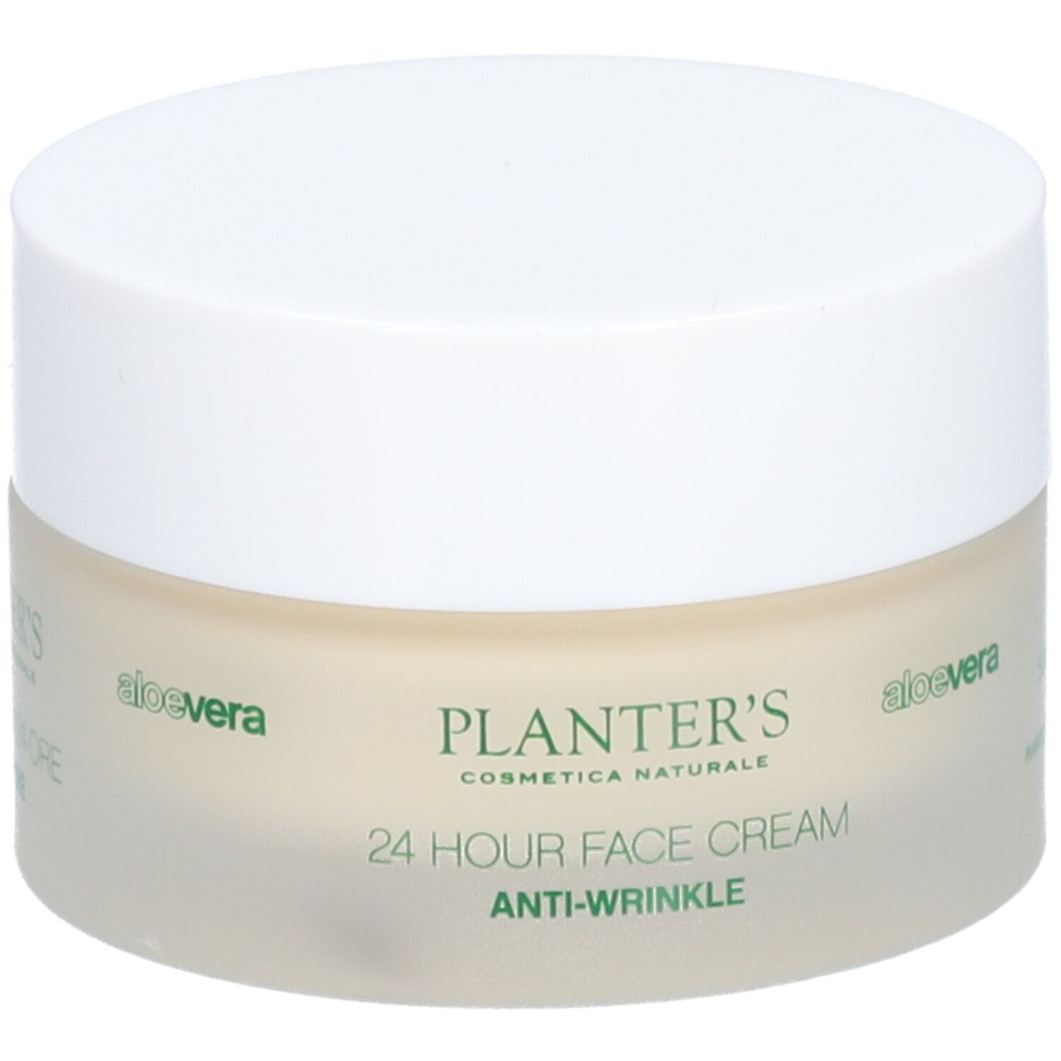 Pot de crème avec couvercle. Inscription : PLANTER'S, 24 HOUR FACE CREAM, ANTI-WRINKLE. Logo aloe vera. 50ml.