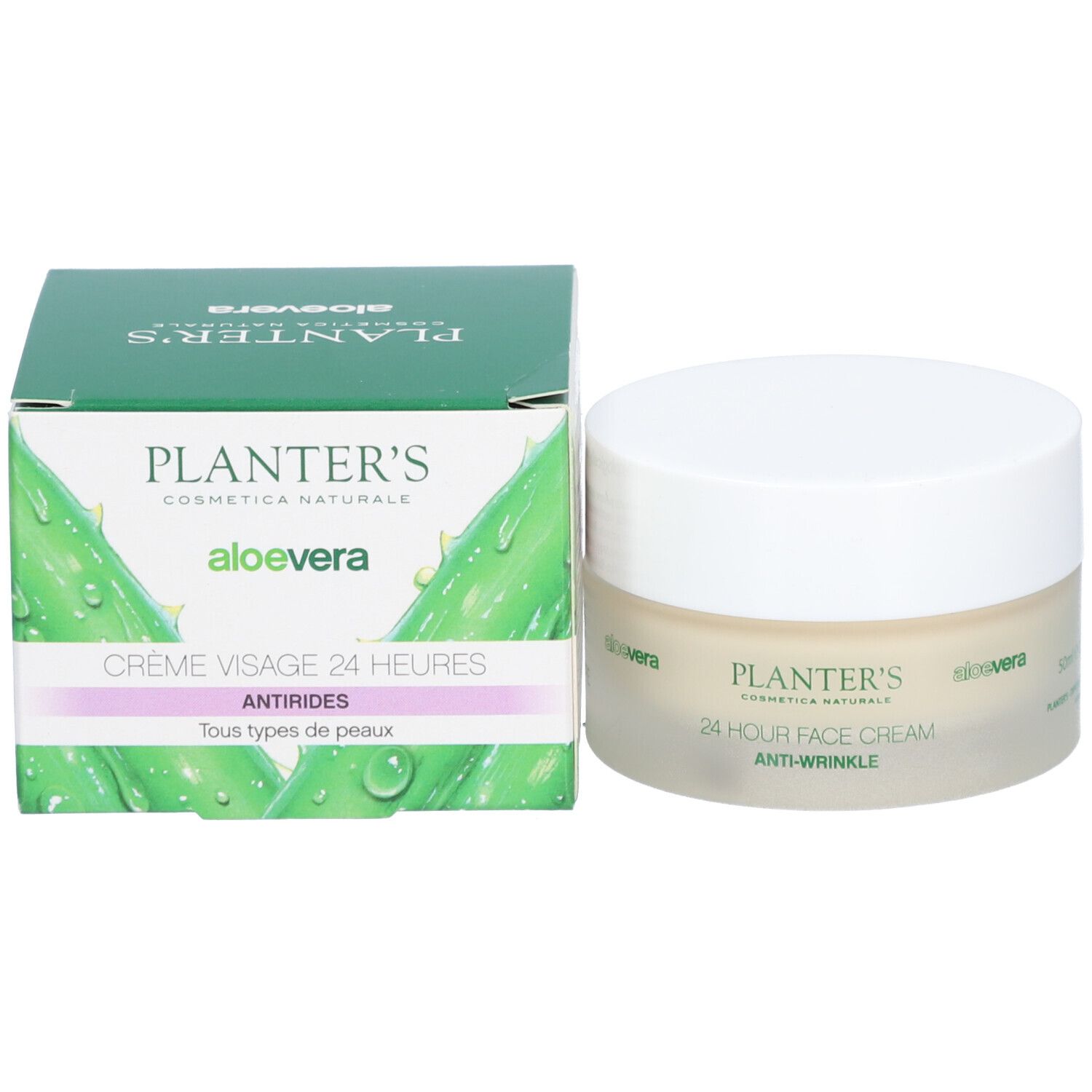 Pot de crème et boîte. Inscription : PLANTER'S, CRÈME VISAGE 24 HEURES, ANTIRIDES. Logo aloe vera.