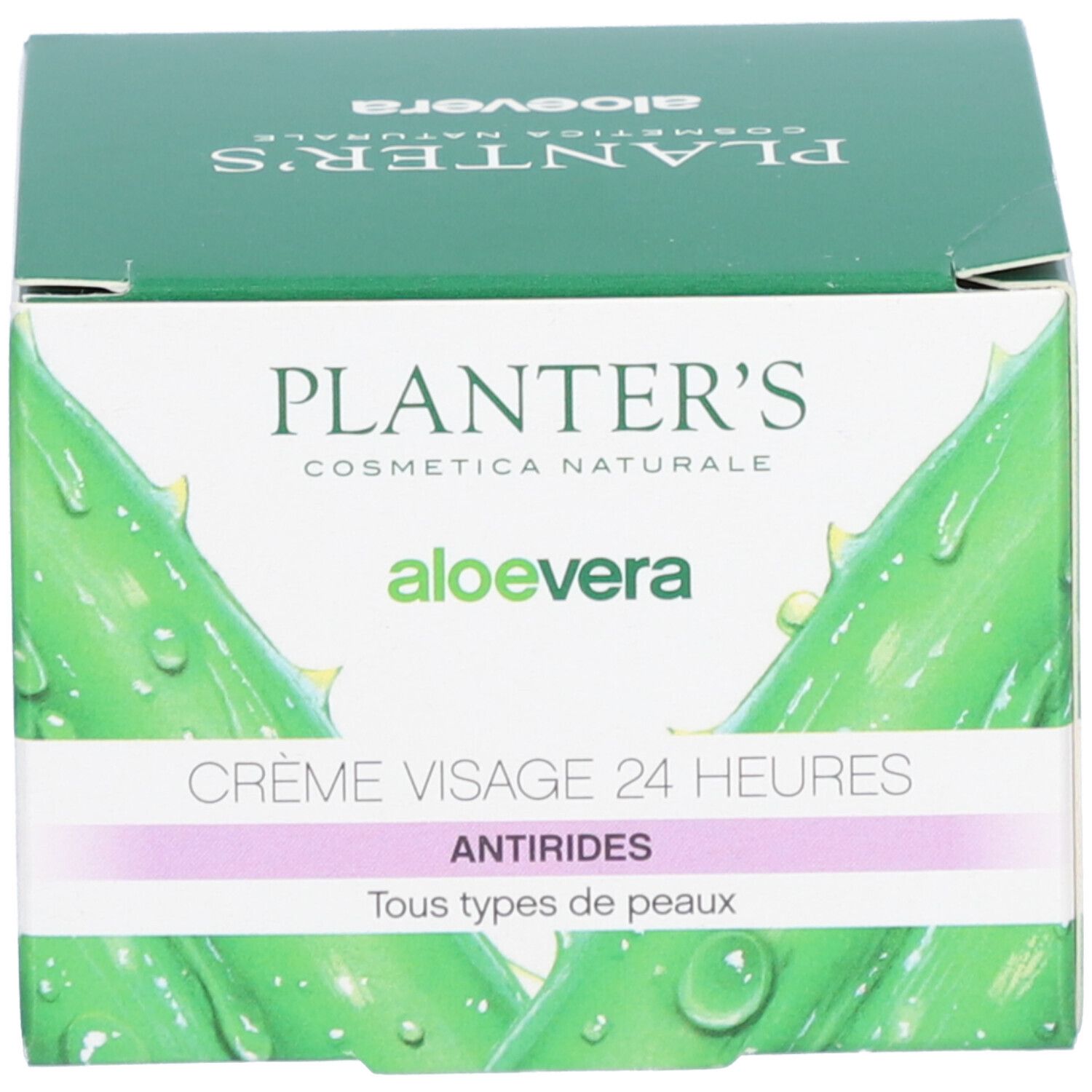 Boîte verte. Inscription : PLANTER'S, CRÈME VISAGE 24 HEURES, ANTIRIDES. Logo aloe vera.