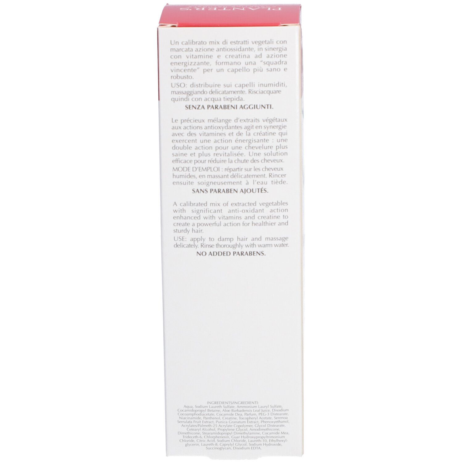 Emballage du Shampooing Crème Fortifiant Planter's. Texte multilingue, sans parabènes.