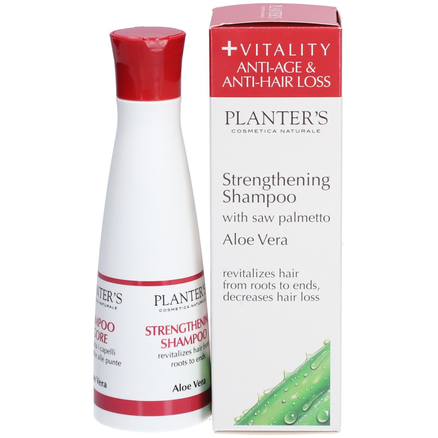 Shampooing Planter's avec palmier nain et Aloe Vera. Bouteille blanche, bouchon rouge et emballage.