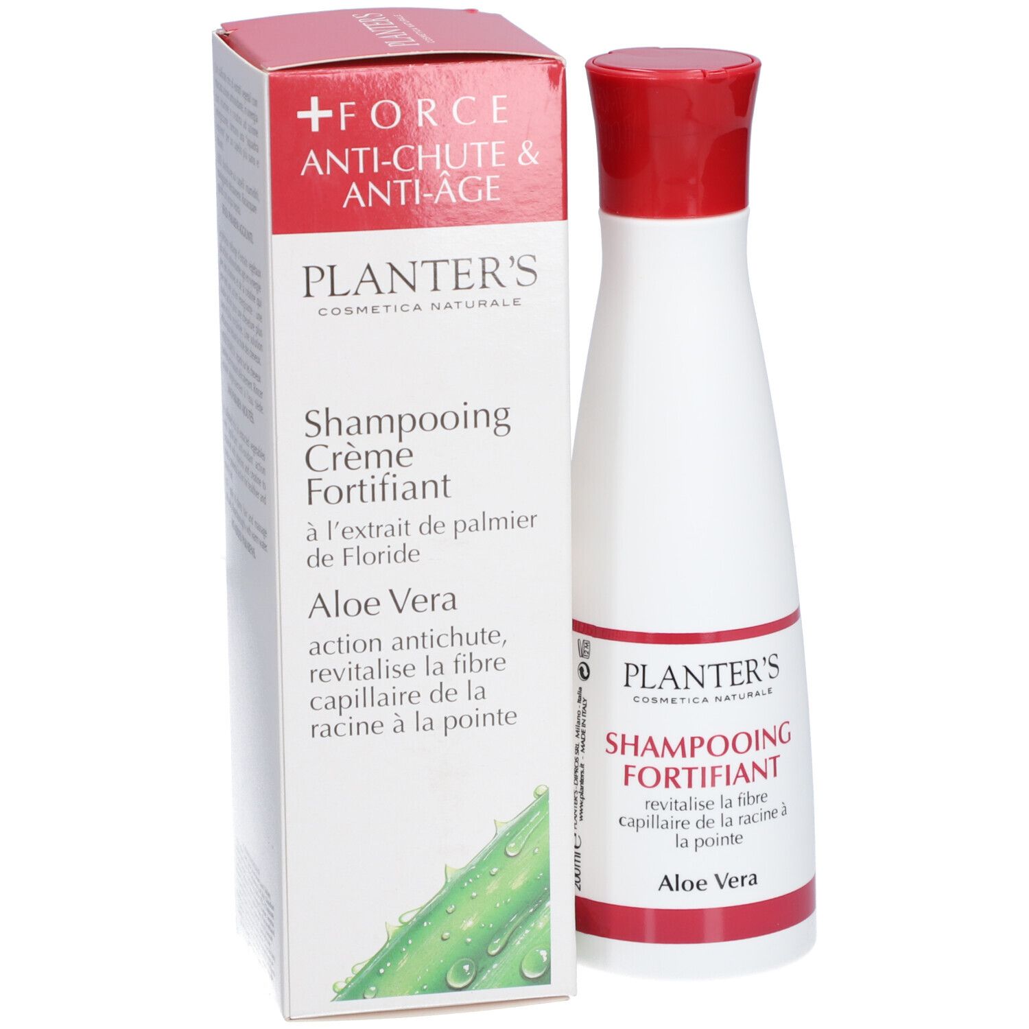 Shampooing Crème Fortifiant Planter's avec Aloe Vera. Bouteille blanche, bouchon rouge et emballage.