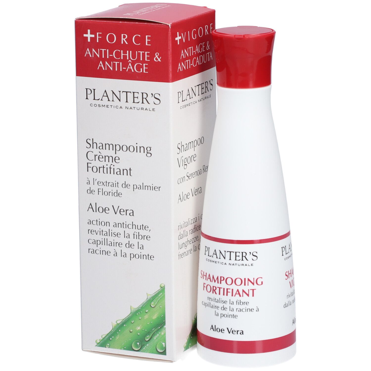 Shampooing Crème Fortifiant Planter's avec Aloe Vera. Bouteille blanche, bouchon rouge et emballage.
