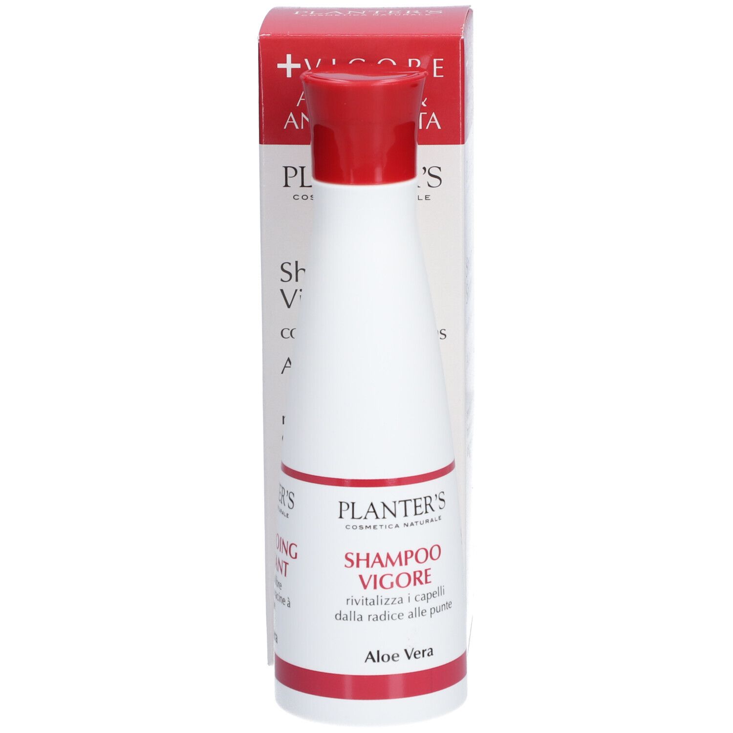 Shampooing Vigoré Planter's avec Aloe Vera. Bouteille blanche, bouchon rouge et emballage.