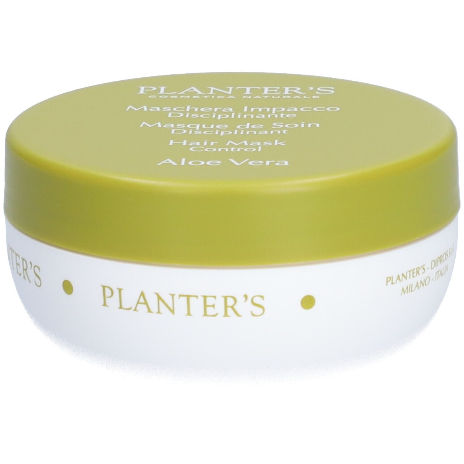 Pot rond avec couvercle vert. Inscription: Planter's, Hair Mask Control, Aloe Vera. Récipient blanc avec couvercle jaune.