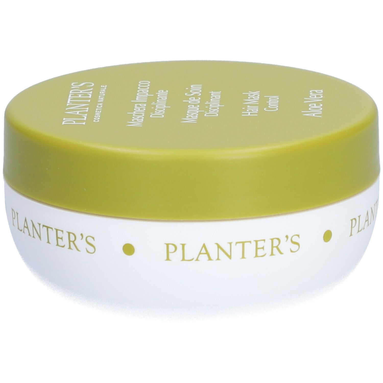 Pot rond avec couvercle vert. Inscription: Planter's, Hair Mask Control, Aloe Vera. Récipient blanc avec couvercle jaune.