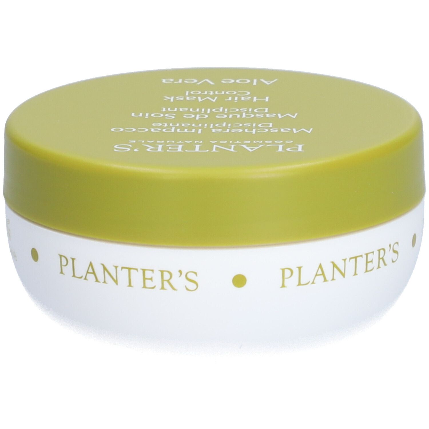 Pot rond avec couvercle vert. Inscription: Planter's, Hair Mask Control, Aloe Vera. Récipient blanc avec couvercle jaune.