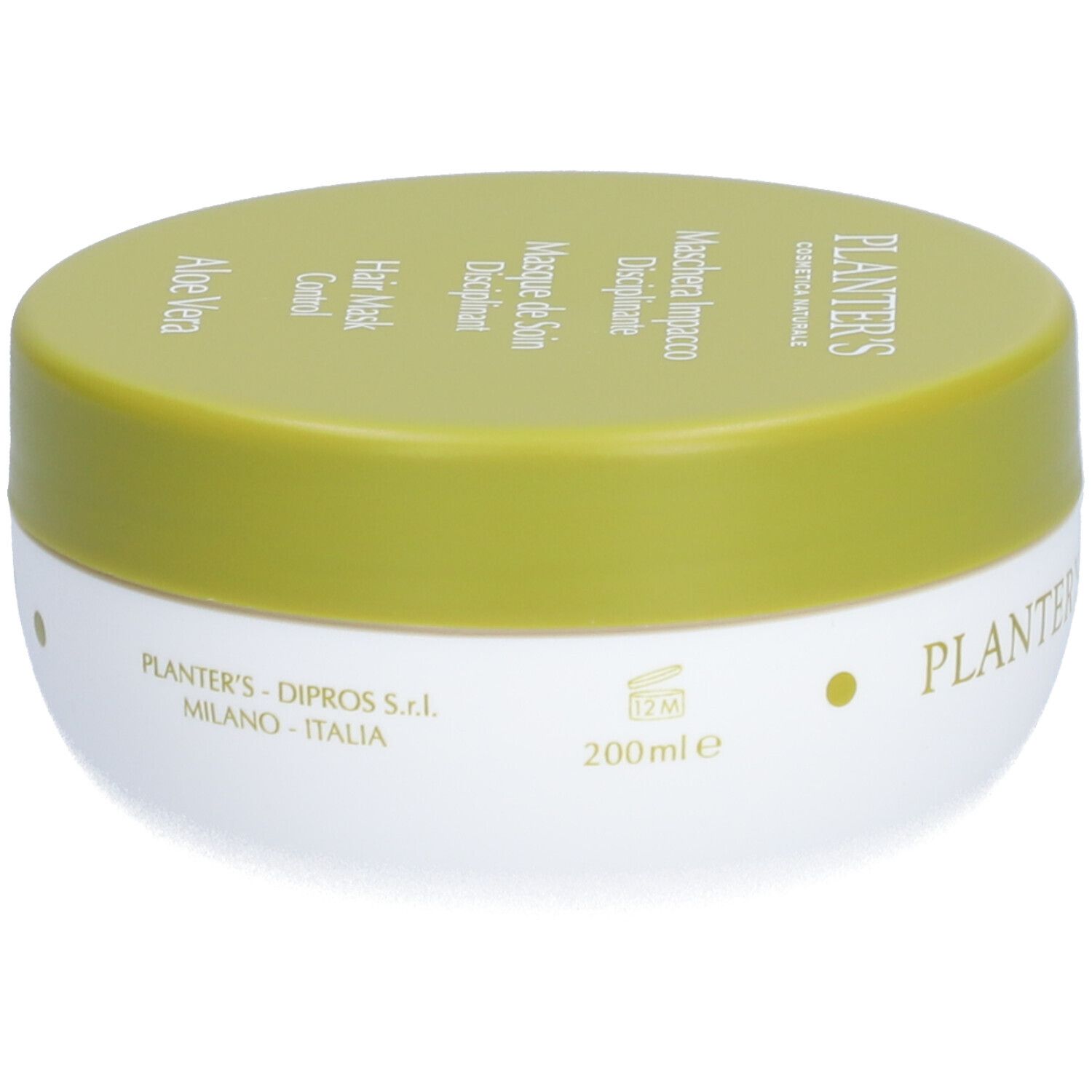 Pot rond avec couvercle vert. Inscription: Planter's, Hair Mask Control, Aloe Vera. Récipient blanc avec couvercle jaune.