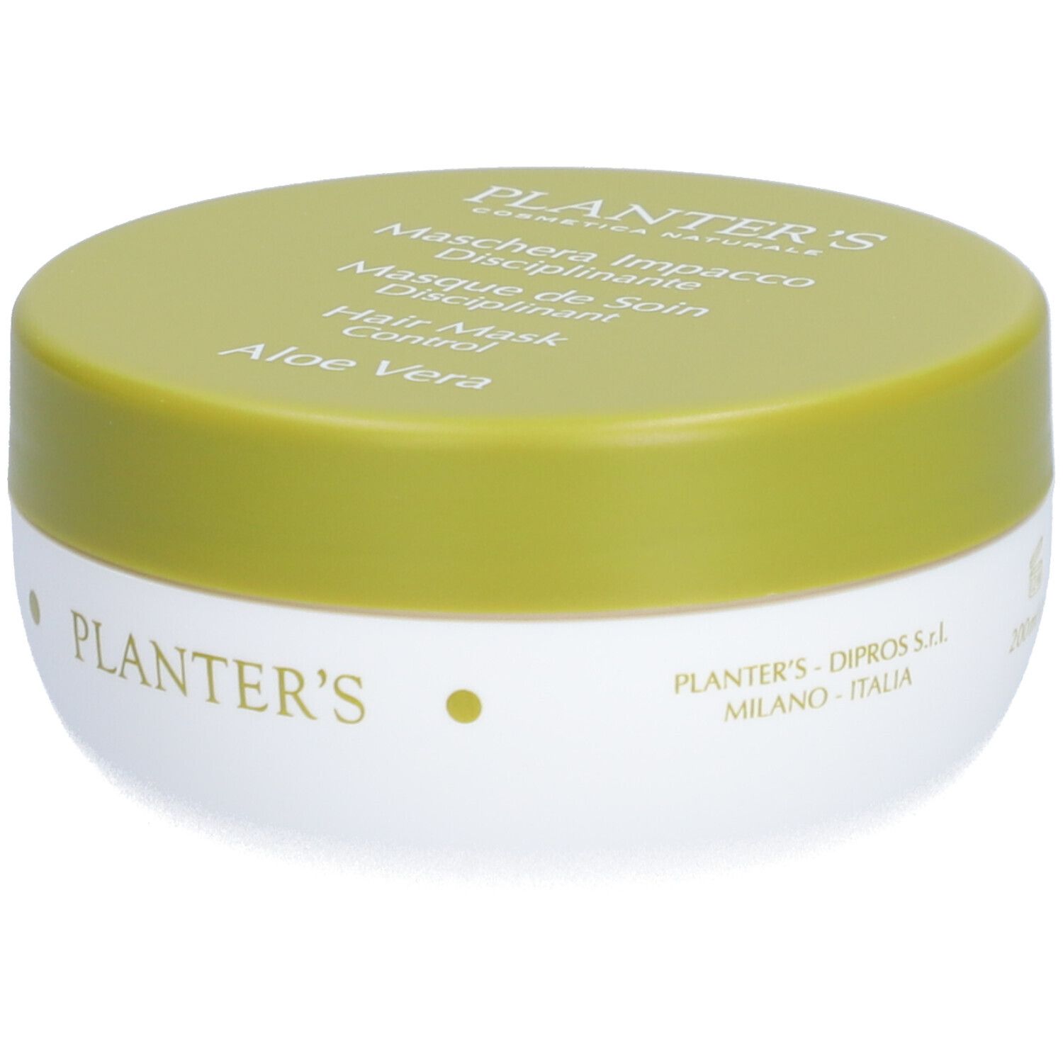 Pot rond avec couvercle vert. Inscription: Planter's, Hair Mask Control, Aloe Vera. Récipient blanc avec couvercle jaune.