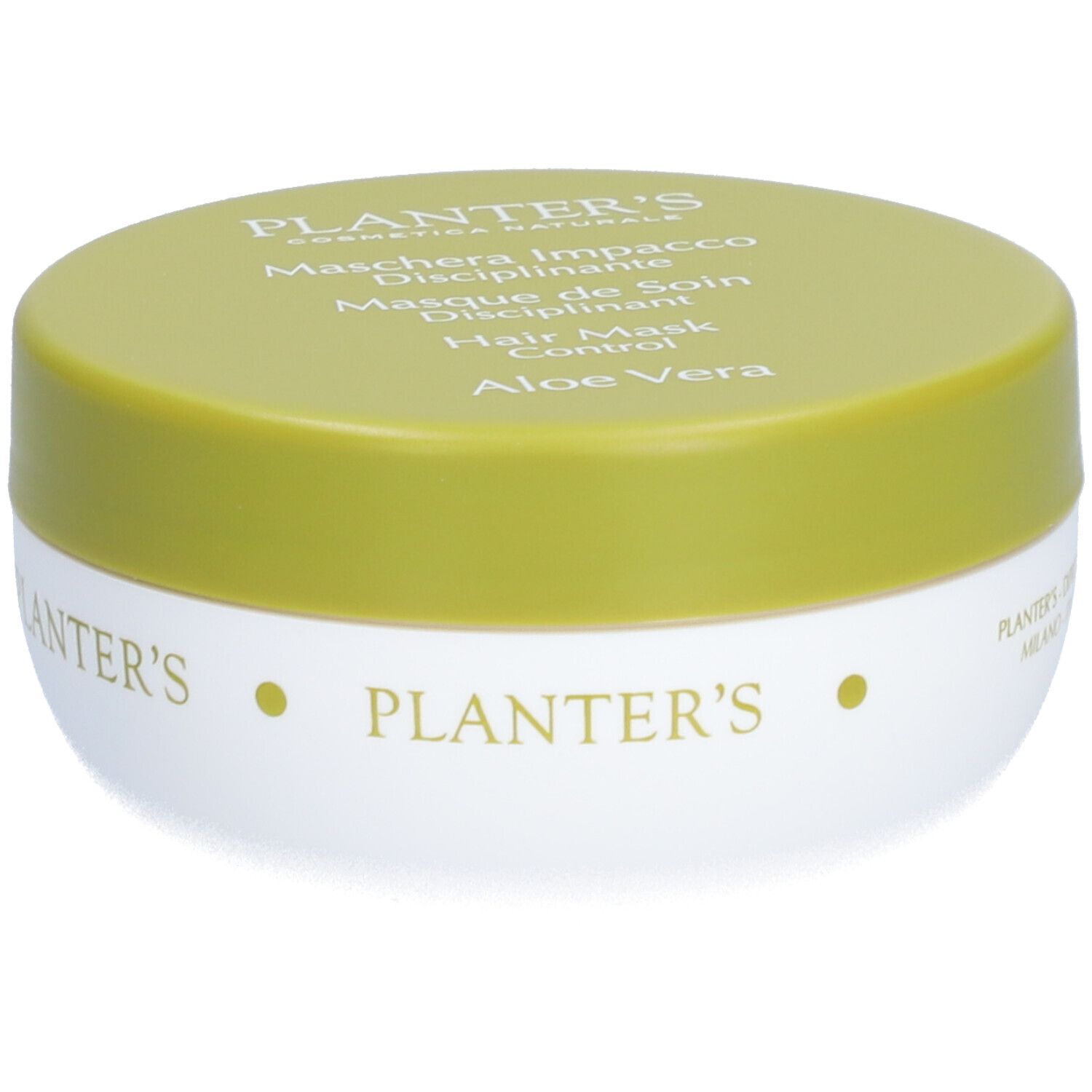 Pot rond avec couvercle vert. Inscription: Planter's, Hair Mask Control, Aloe Vera. Récipient blanc avec couvercle jaune.