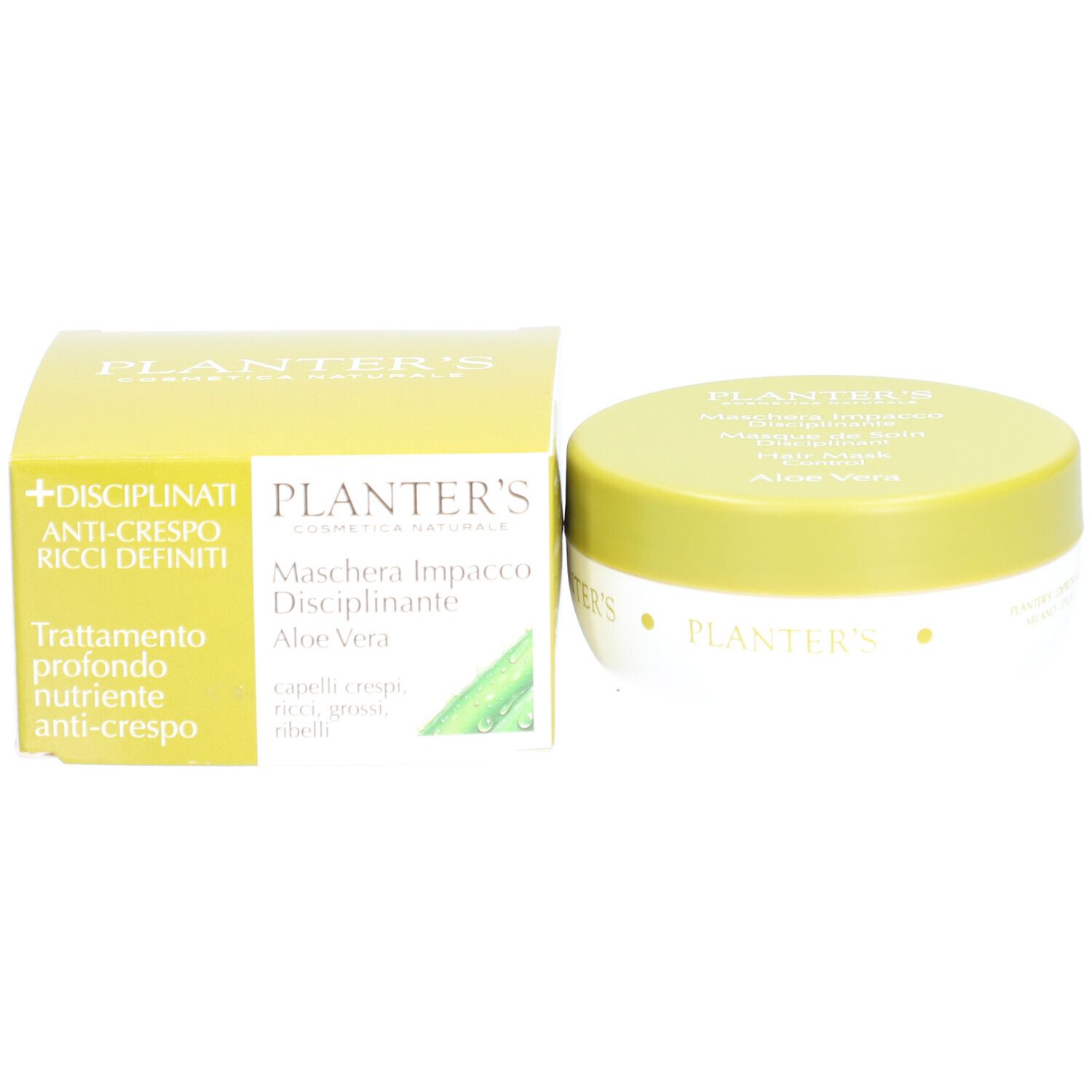 Emballage et pot. Inscription: Planter's, Maschera Impacco Disciplinante, Aloe Vera. Pot avec couvercle vert.
