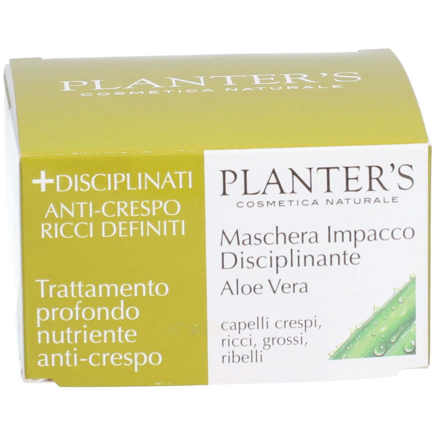 Emballage du produit. Inscription: Planter's, Maschera Impacco Disciplinante, Aloe Vera. Texte: Anti-frisottis, boucles.