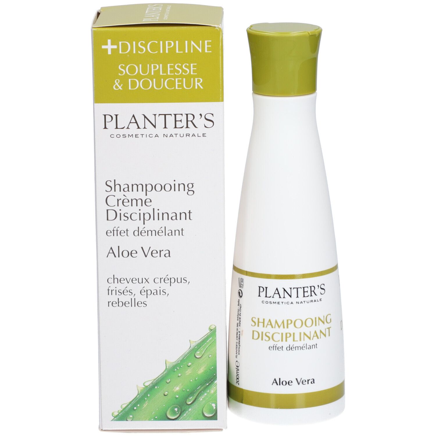 Flacon blanc, bouchon vert, avec étui. Inscription: Planter's, Shampooing Disciplinant, Aloe Vera. Pour cheveux crépus.