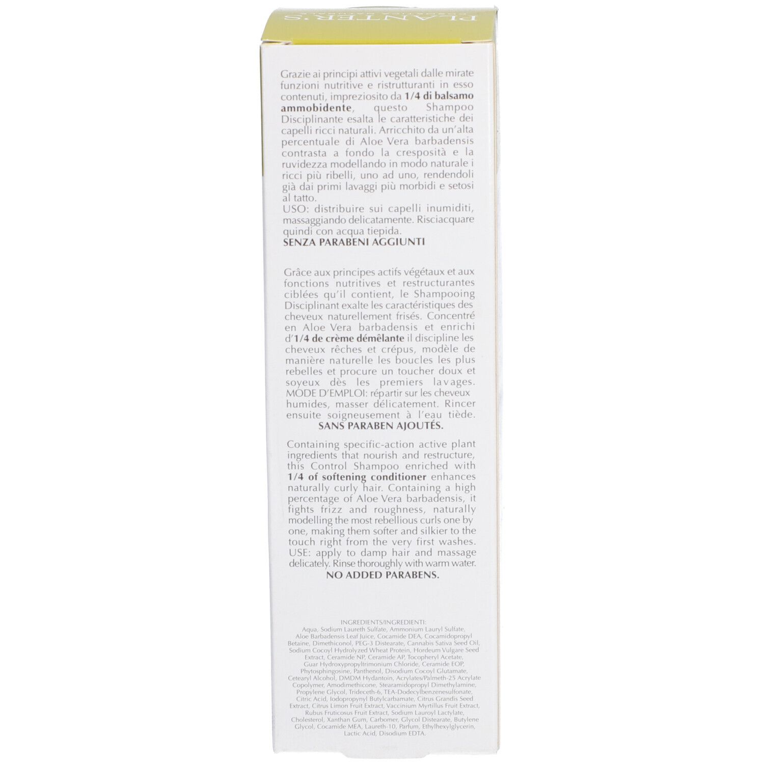 Boîte avec texte en italien et anglais. Contient des informations sur le shampooing et ses ingrédients, sans parabènes.
