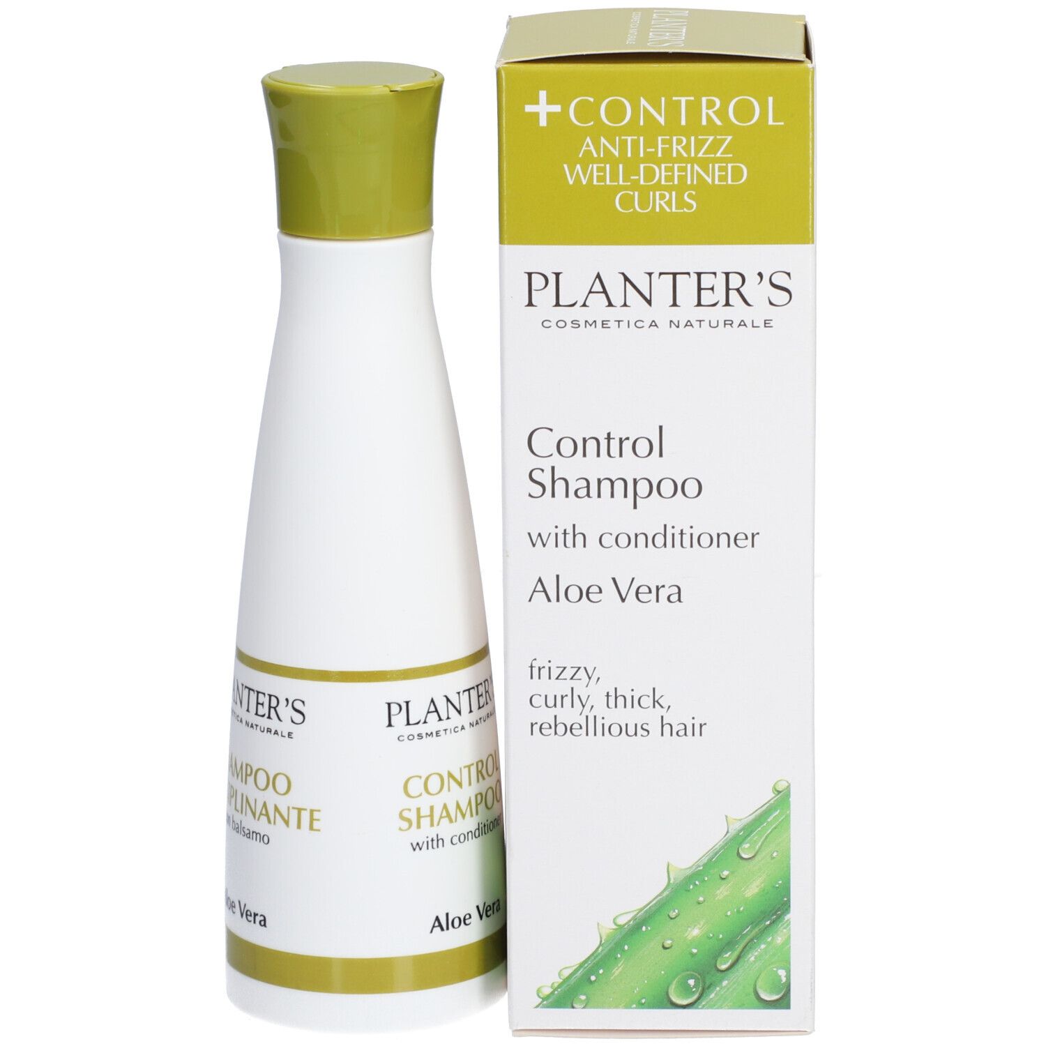 Flacon blanc, bouchon vert, avec étui. Inscription: Planter's, Control Shampoo, Aloe Vera. Pour cheveux bouclés.