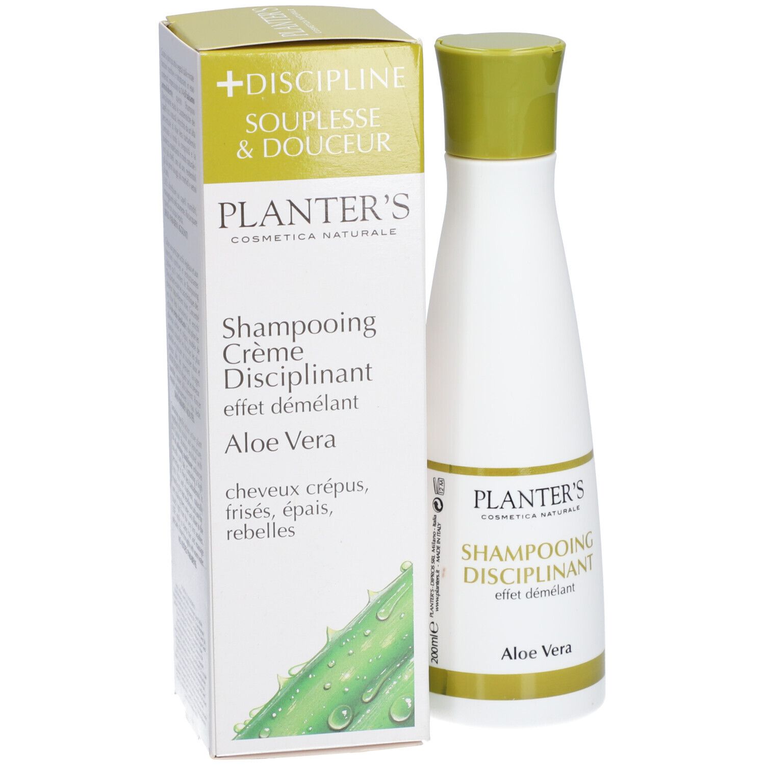 Flacon blanc, bouchon vert, avec étui. Inscription: Planter's, Shampooing Disciplinant, Aloe Vera. Pour cheveux rebelles.