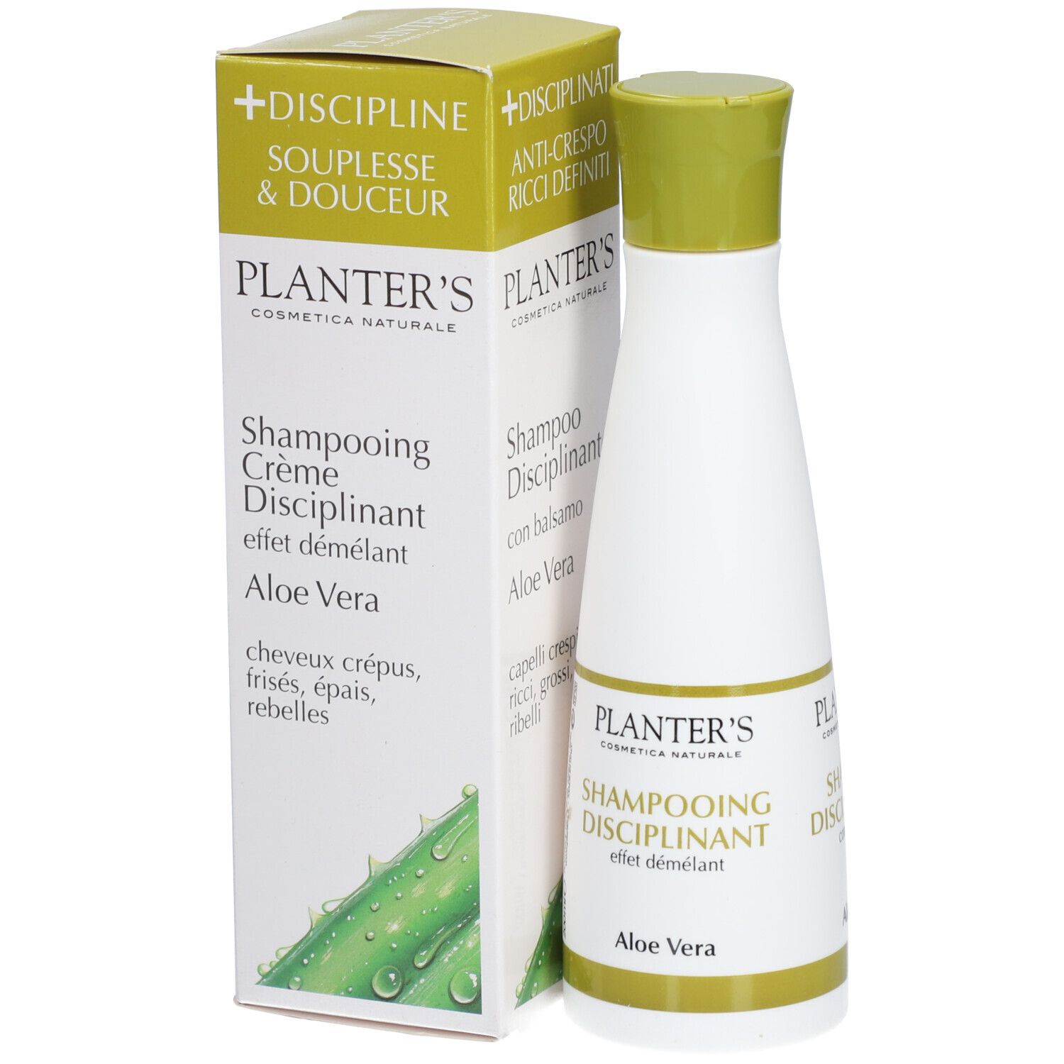 Flacon blanc, bouchon vert, avec étui. Inscription: Planter's, Shampooing Disciplinant, Aloe Vera. Pour cheveux bouclés.