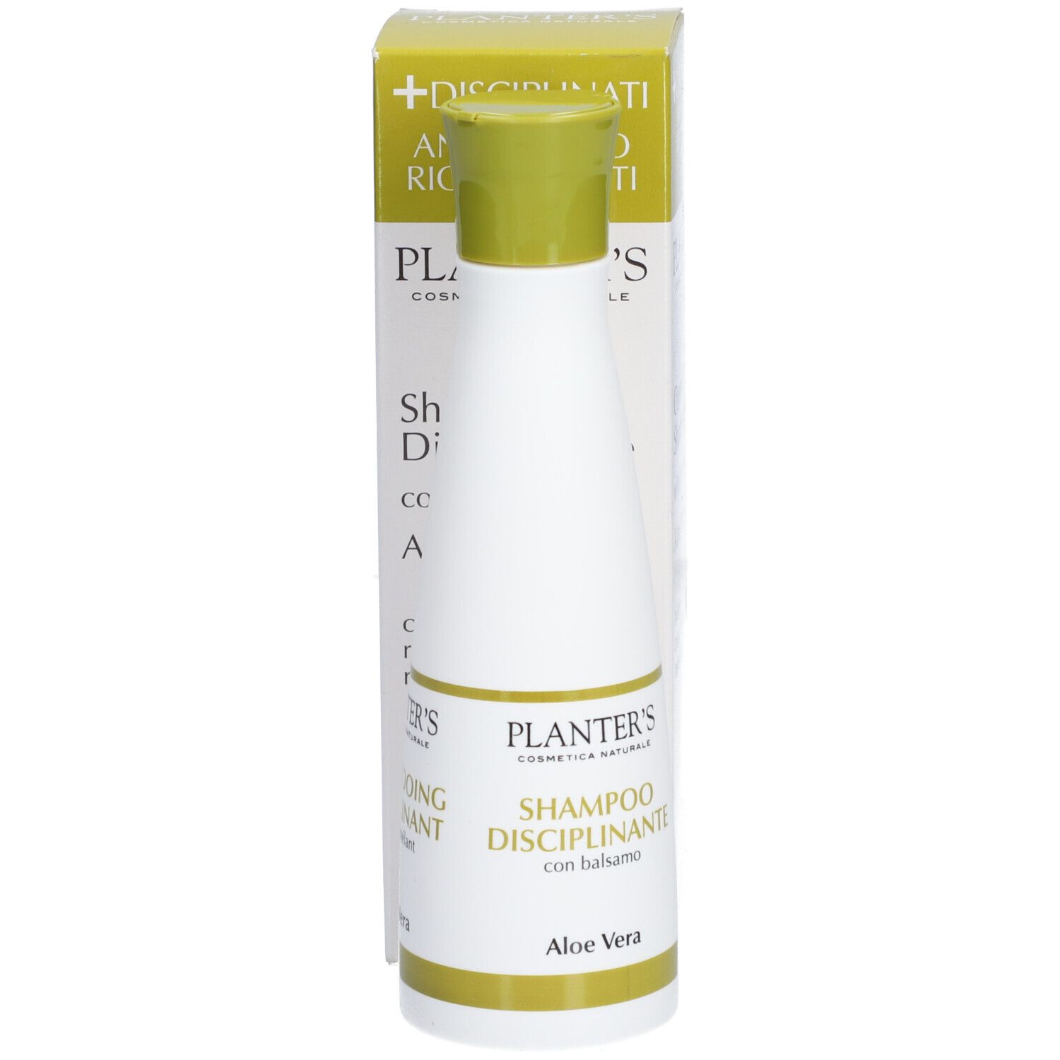 Flacon blanc, bouchon vert, avec étui. Inscription: Planter's, Shampoo Disciplinant, Aloe Vera. Avec baume.