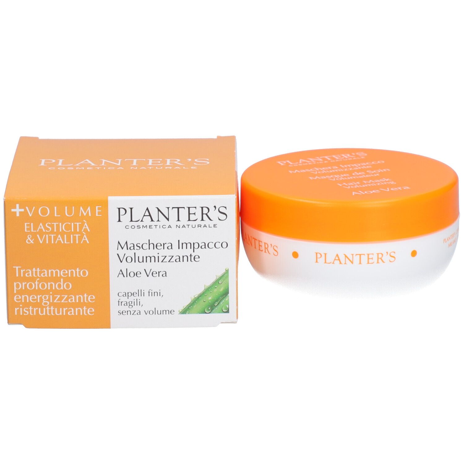 Emballage et pot. Inscription : Planter's Masque Volumisant Aloe Vera. Couvercle orange, pot blanc.