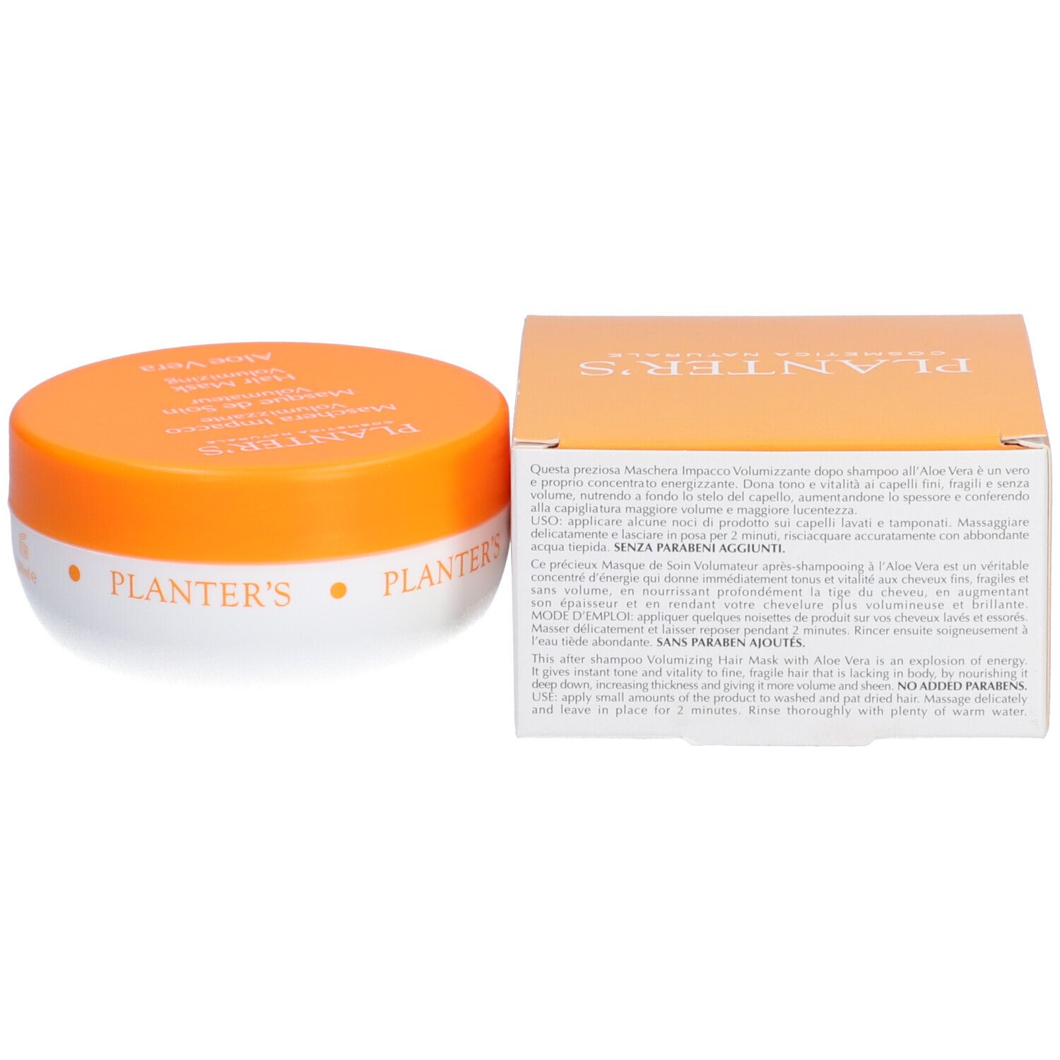 Emballage et pot. Inscription : Planter's Maschera Impacco Volumizzante Aloe Vera. Texte en italien. Couvercle orange, pot blanc.