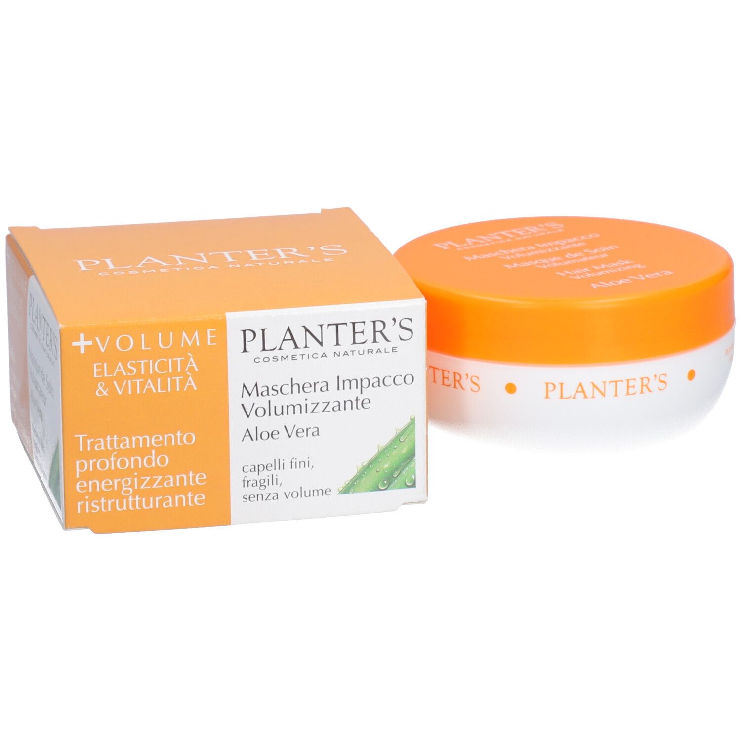 Emballage et pot. Inscription : Planter's Maschera Impacco Volumizzante Aloe Vera. Couvercle orange, pot blanc.