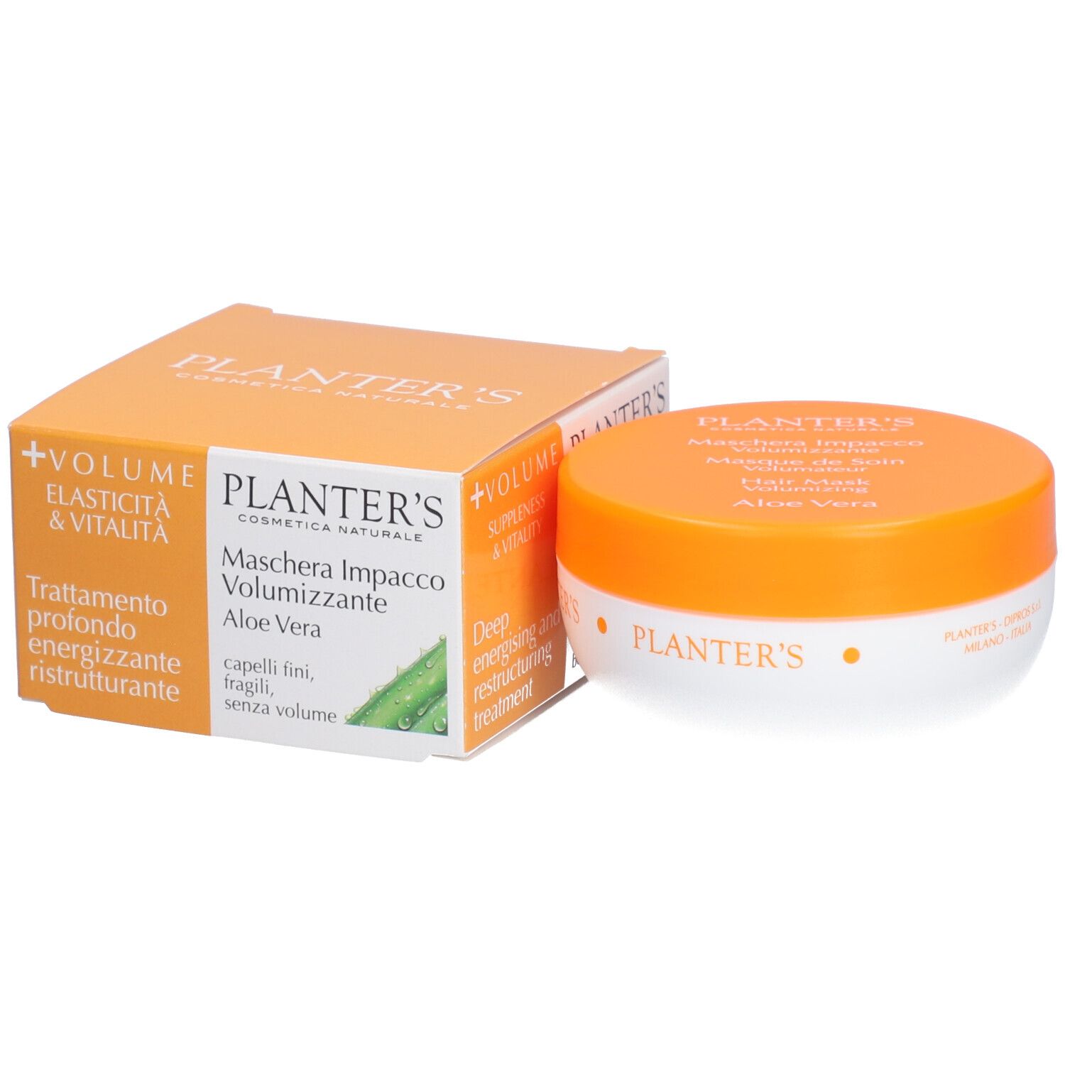 Emballage et pot. Inscription : Planter's Maschera Impacco Volumizzante Aloe Vera. Couvercle orange, pot blanc.