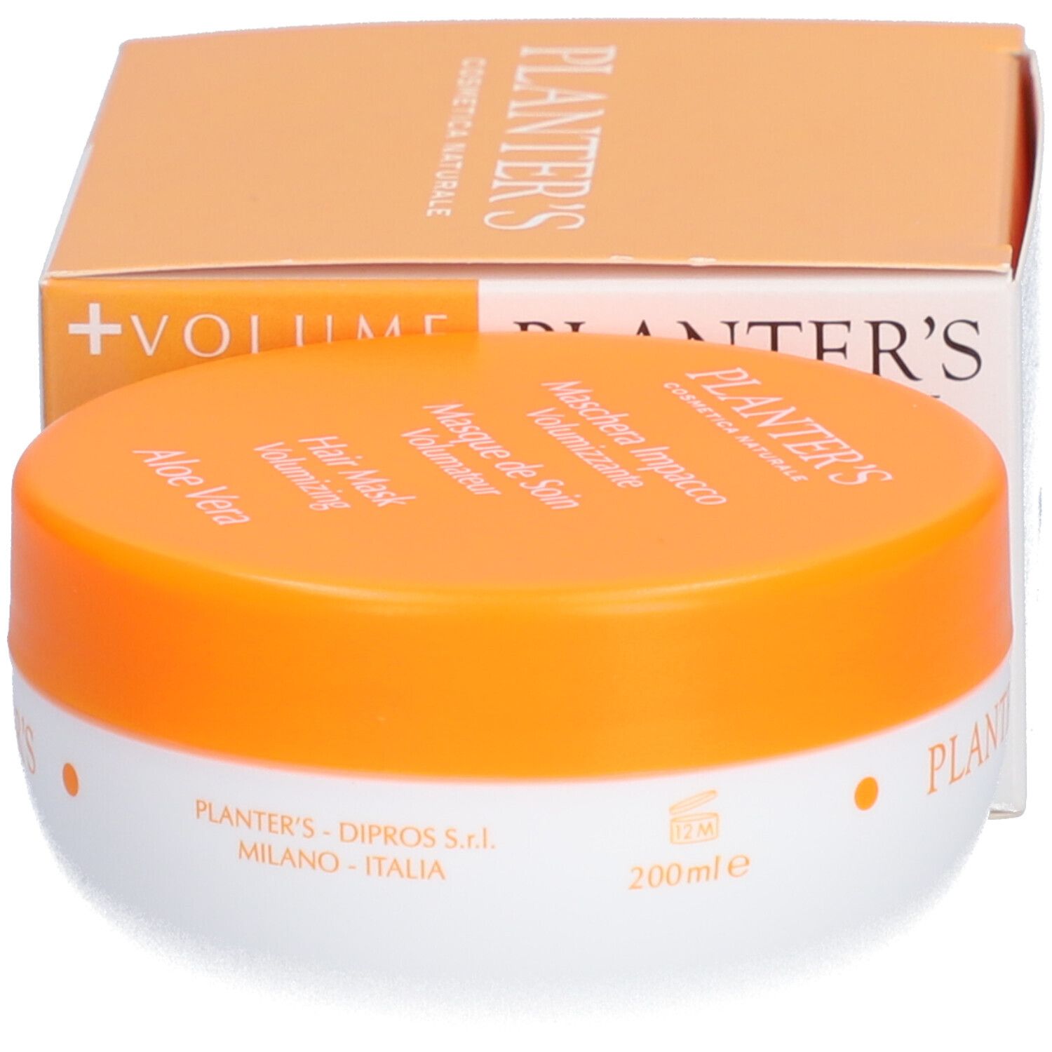 Emballage et pot. Inscription : Planter's Maschera Impacco Volumizzante Aloe Vera. Couvercle orange, pot blanc. 200ml.