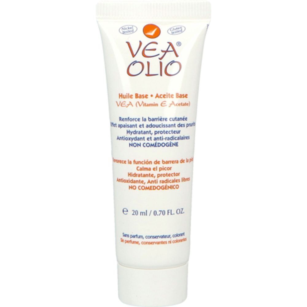 Tube blanc avec logo VEA OLIO. Texte : Huile Base, Aceite Base, 20 ml. Logo orange. Sans parfum, conservateur, colorant.
