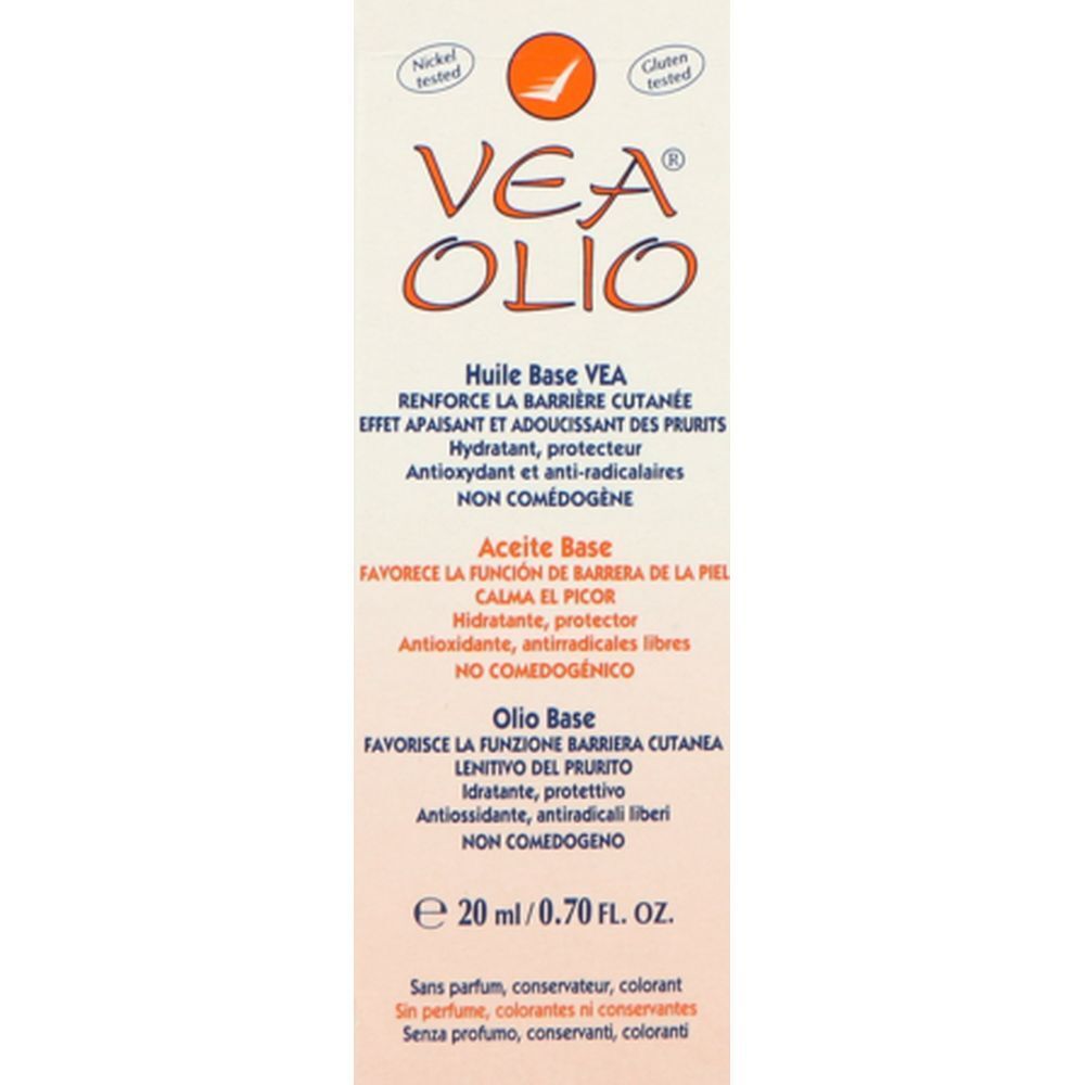 Emballage avec logo VEA OLIO. Texte : Huile Base, Aceite Base, 20 ml. Testé nickel et gluten. Logo orange. Sans parfum, conservateur.
