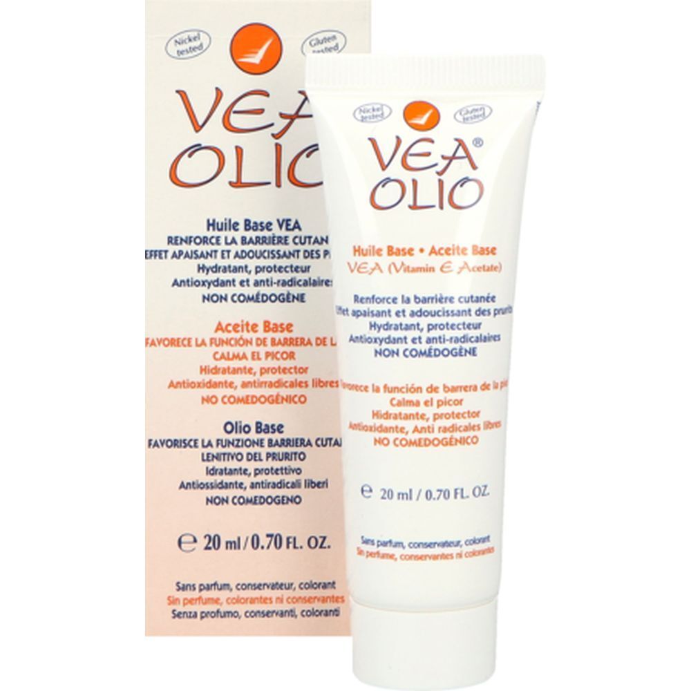 Tube et emballage avec logo VEA OLIO. Texte : Huile Base, Aceite Base, 20 ml. Testé nickel et gluten. Logo orange. Sans parfum, conservateur.
