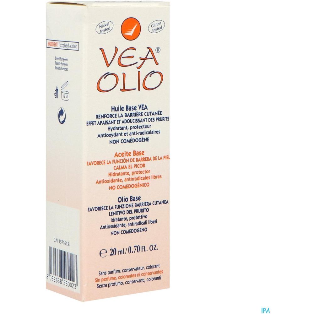 Emballage avec logo VEA OLIO. Texte : Huile Base, Aceite Base, 20 ml. Testé nickel et gluten. Logo orange. Sans parfum, conservateur.
