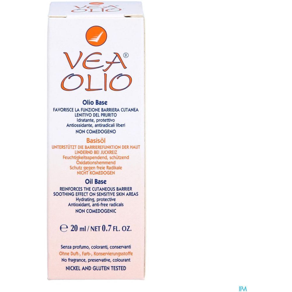 Emballage avec logo VEA OLIO. Texte : Oilo Base, 20 ml. Testé nickel et gluten. Logo orange. Sans parfum, conservateur.