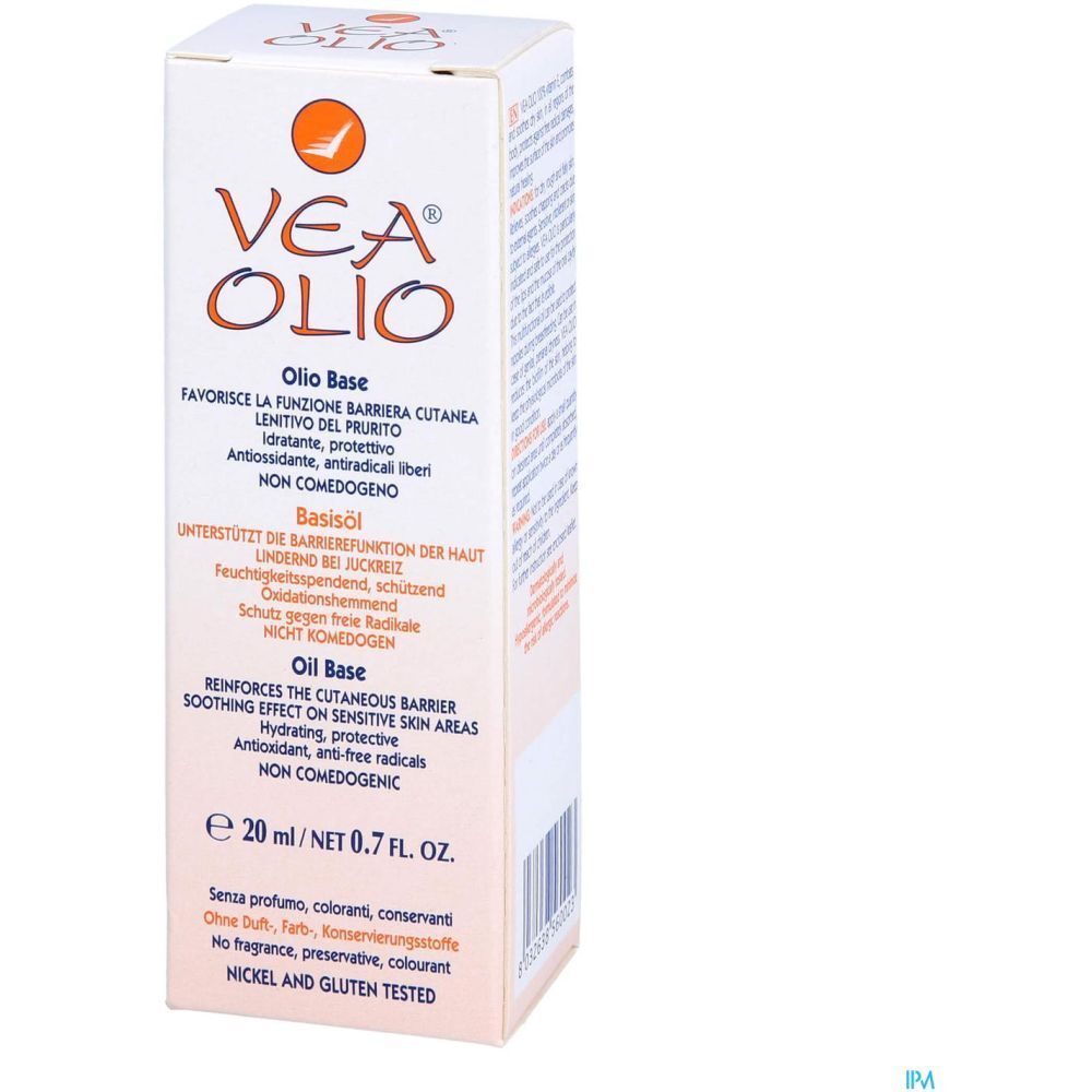 Emballage avec logo VEA OLIO. Texte : Oilo Base, 20 ml. Testé nickel et gluten. Logo orange. Sans parfum, conservateur.