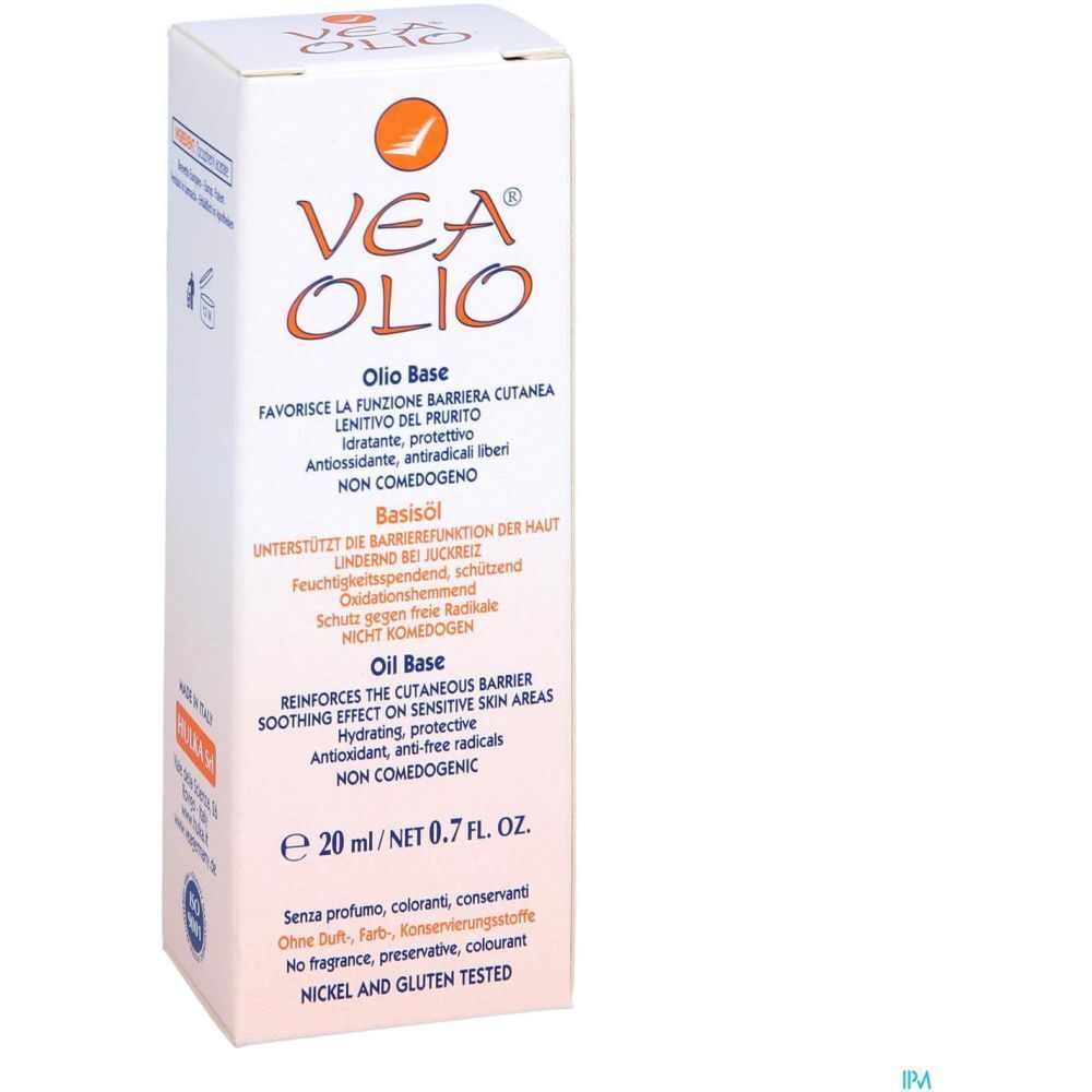 Emballage avec logo VEA OLIO. Texte : Oilo Base, 20 ml. Testé nickel et gluten. Logo orange. Sans parfum, conservateur.