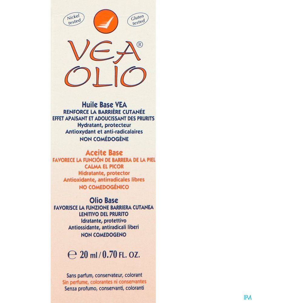 Emballage avec logo VEA OLIO. Texte : Huile Base, Aceite Base, 20 ml. Testé nickel et gluten. Logo orange. Sans parfum, conservateur.