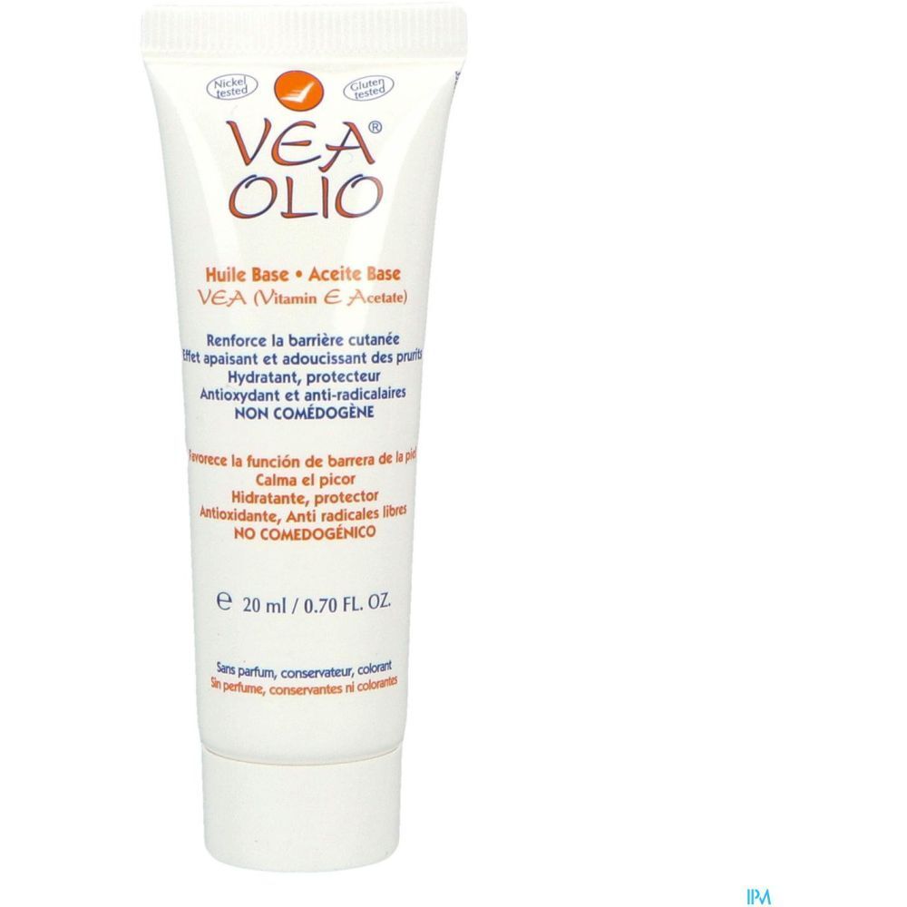 Tube blanc avec logo VEA OLIO. Texte : Huile Base, Aceite Base, 20 ml. Logo orange. Sans parfum, conservateur, colorant.