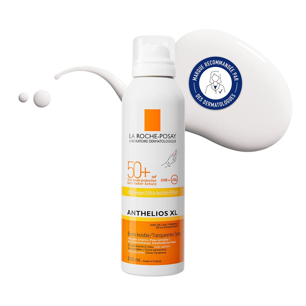 Spray La Roche-Posay Anthelios XL 50+. Flacon blanc, détails orange. Recommandé par les dermatologues.