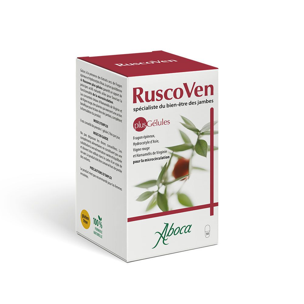 Boîte blanche RuscoVen, logo et informations produit. Logo Aboca en bas. Inscription : plus Gélules.