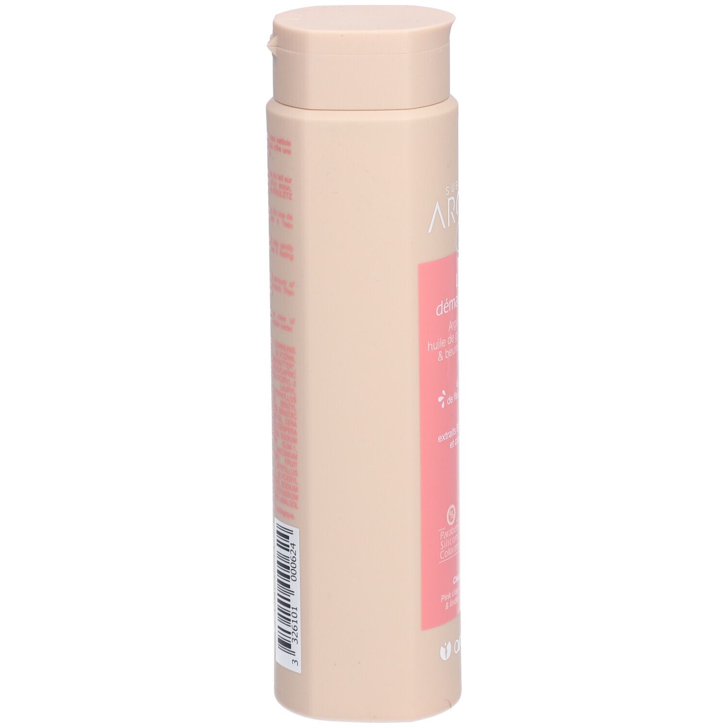 Beige Flasche, Seitenansicht. Rosa Etikett mit Text. Barcode und weitere Informationen.