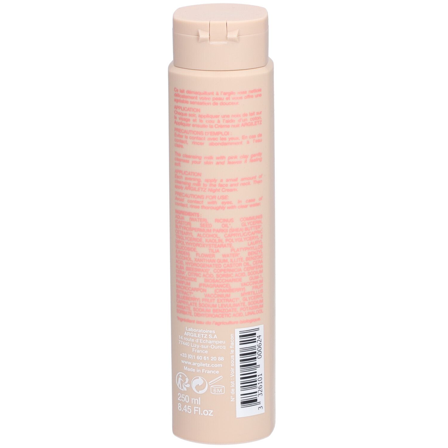 Rückseite der Flasche. Text in Rosa. Informationen zum Produkt und Inhaltsstoffen.