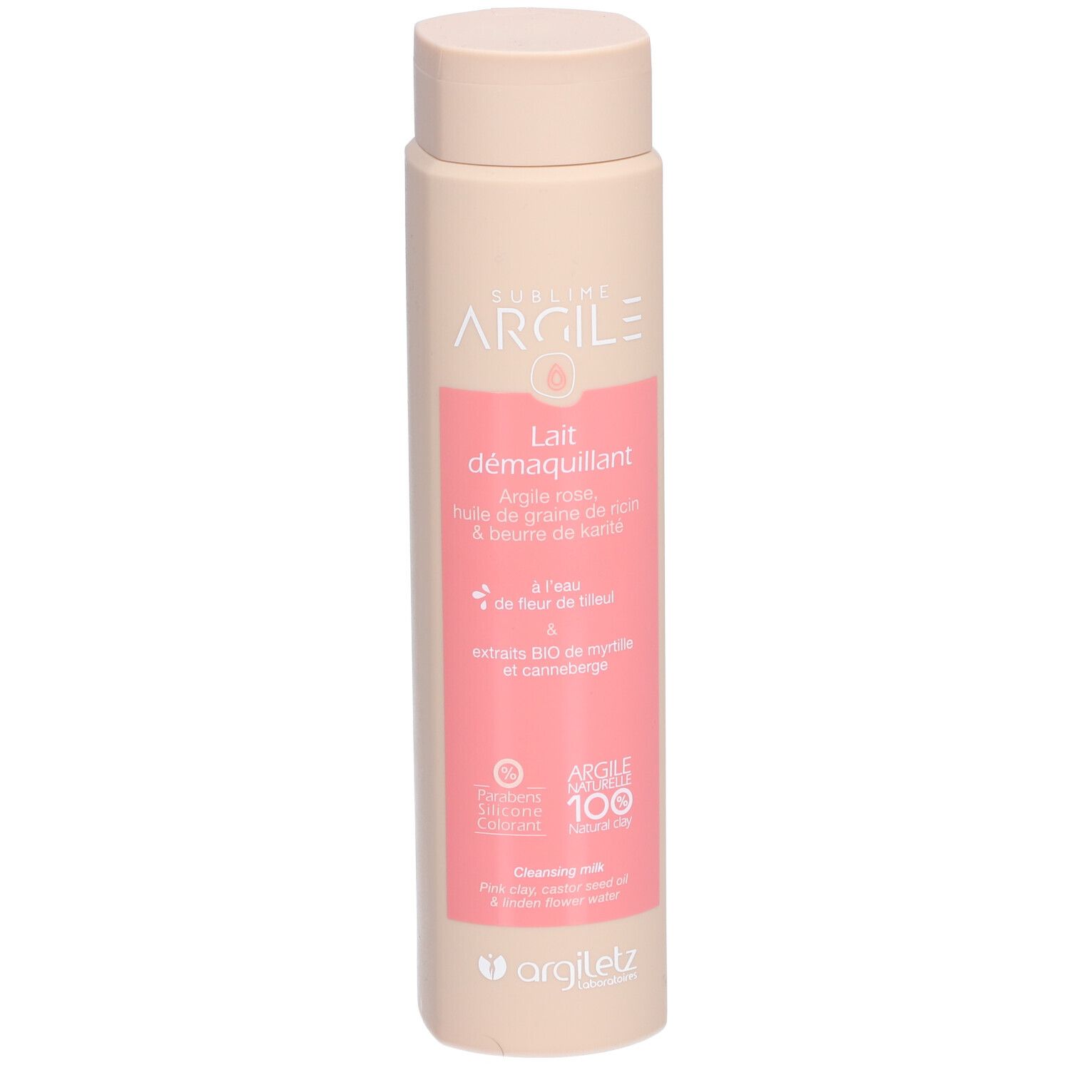 Beige Flasche mit rosa Etikett. Aufschrift: ARGILE, Lait démaquillant. Mit rosa Tonerde.