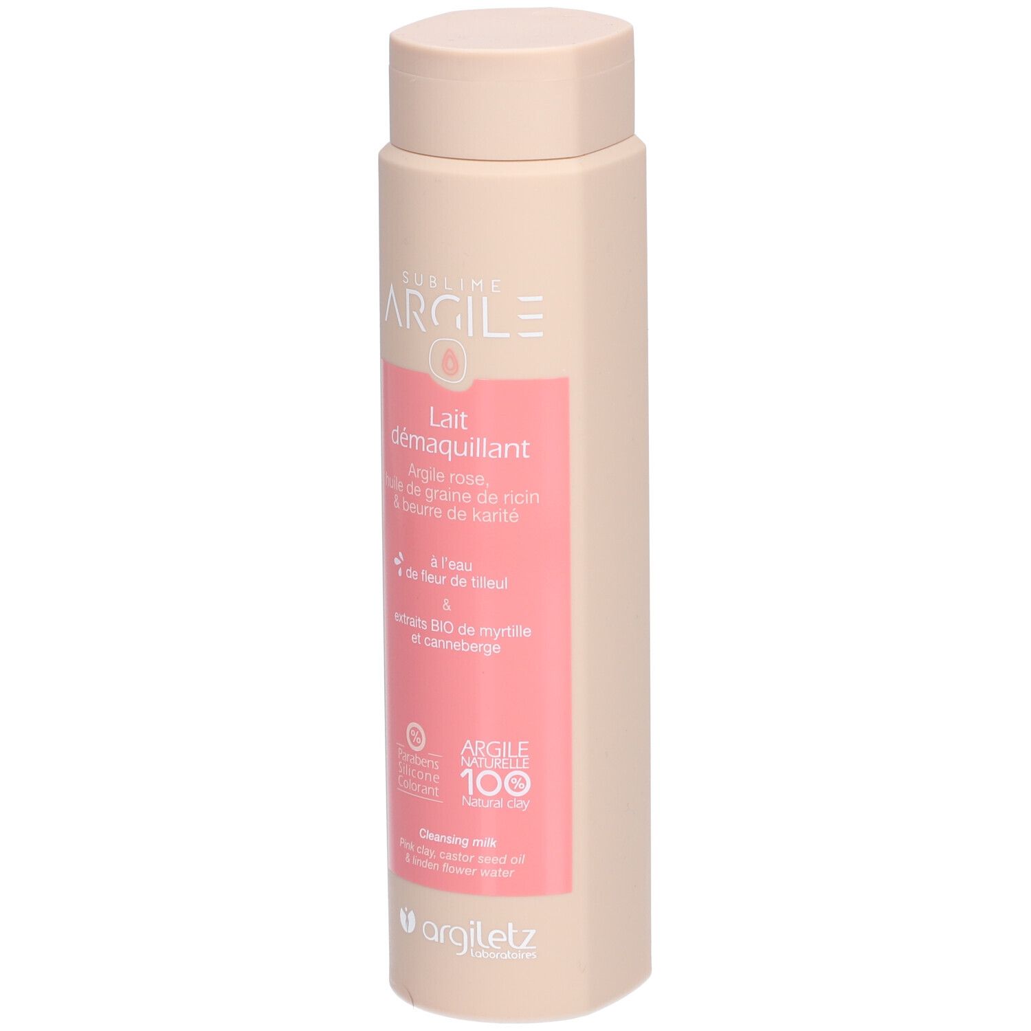 Beige Flasche mit rosa Etikett. Aufschrift: ARGILE, Lait démaquillant. Mit rosa Tonerde.