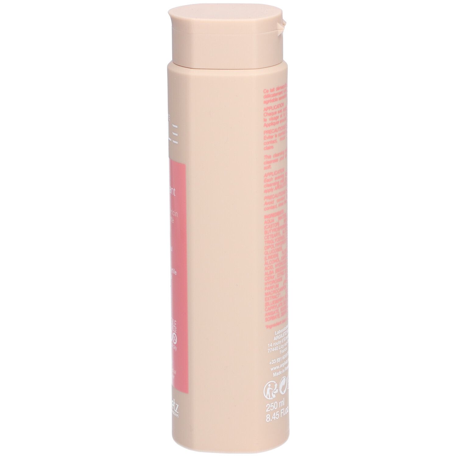 Beige Flasche, Seitenansicht. Rosa Etikett mit Text. Informationen und Symbole.