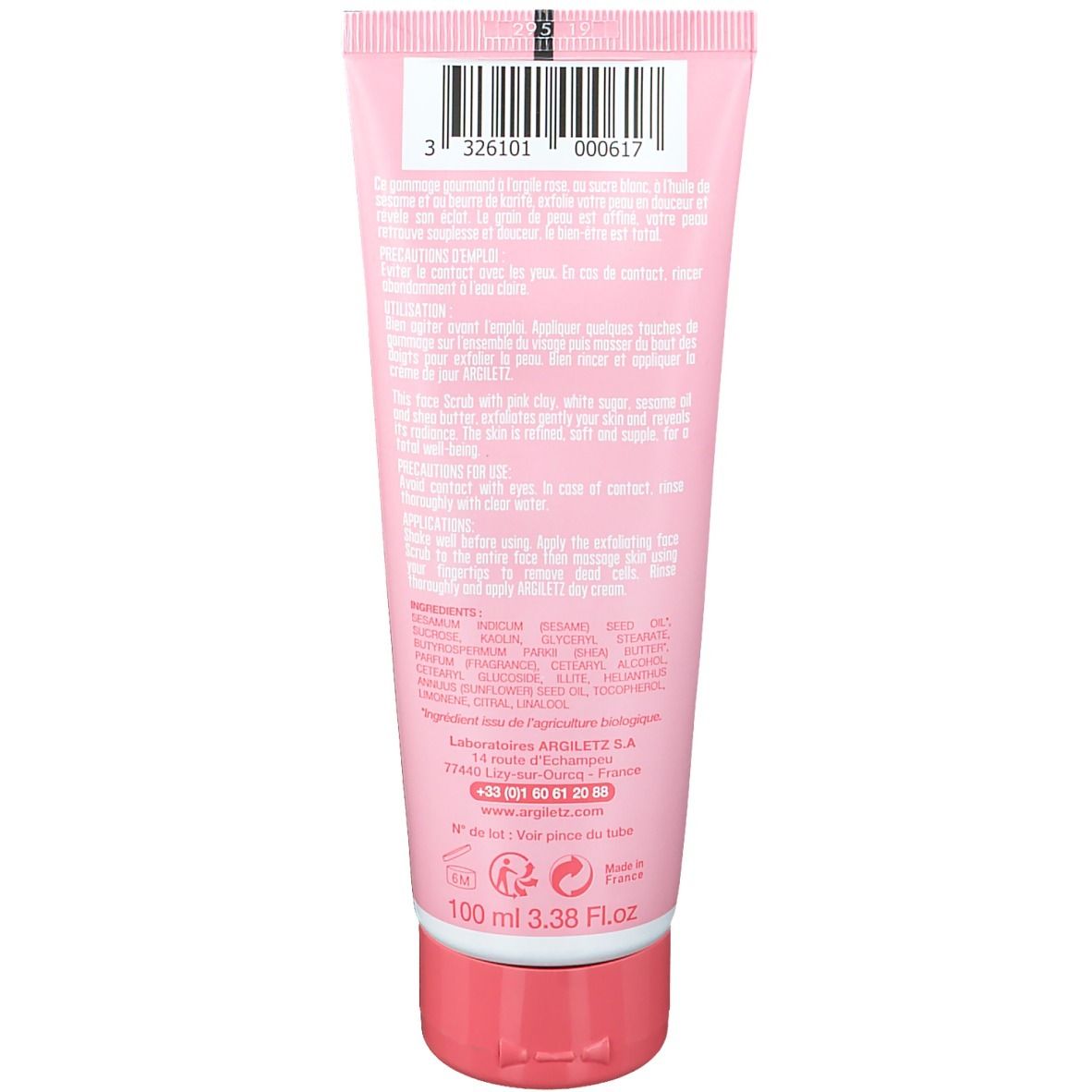 Dos du tube Argile Rose Gesichtspeeling. Texte: ingrédients, mode d'emploi. Code-barres et indication de volume.