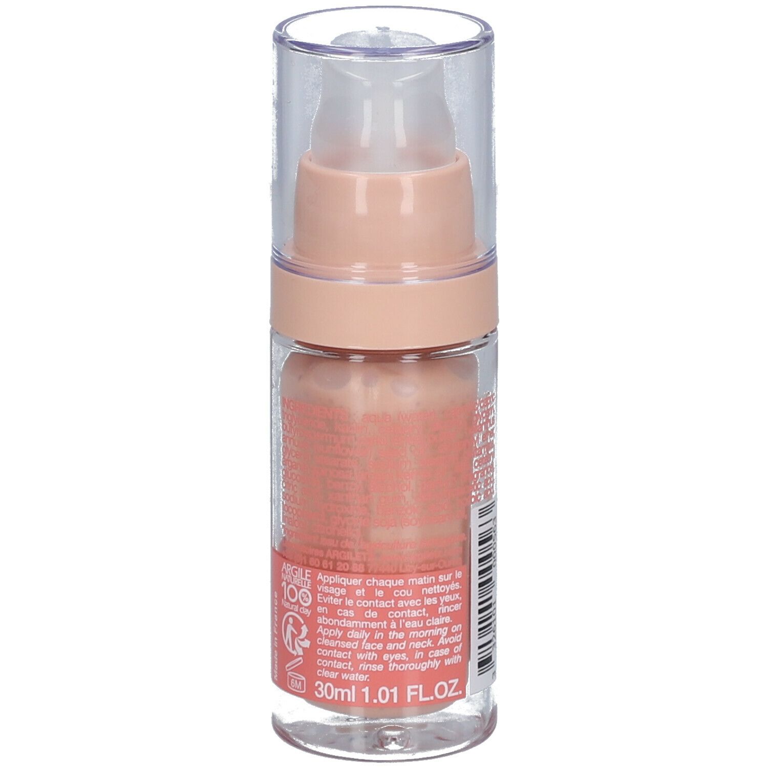 Flacon de crème rose. Texte sur le côté. Inscription: Argiletz Sublime Argile. Texte: La Crème jour, Argile rose, 30ml 1.01 fl.oz.