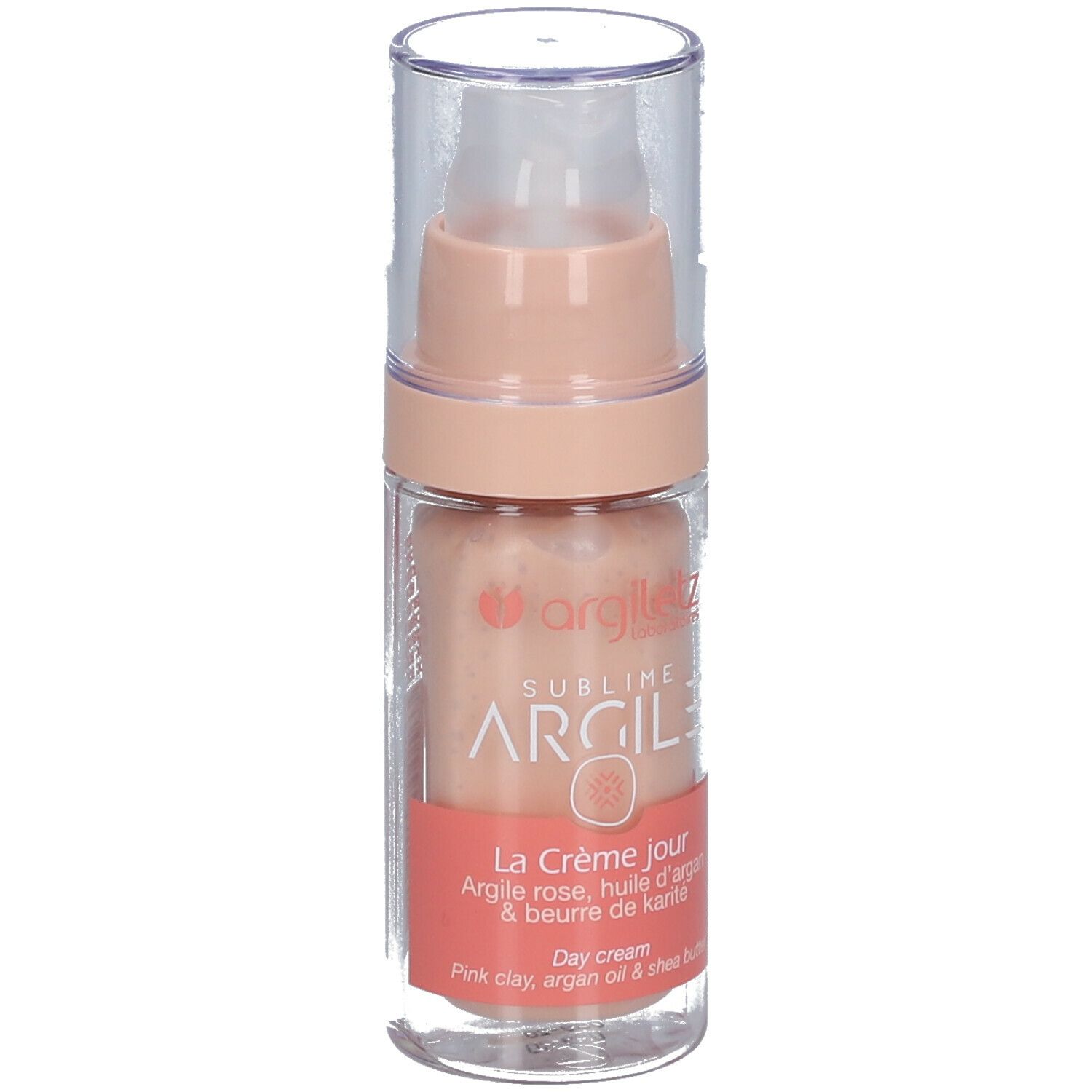 Flacon de crème rose. Inscription: Argiletz Sublime Argile. Texte: La Crème jour, Argile rose, huile d'argan & beurre de karité.