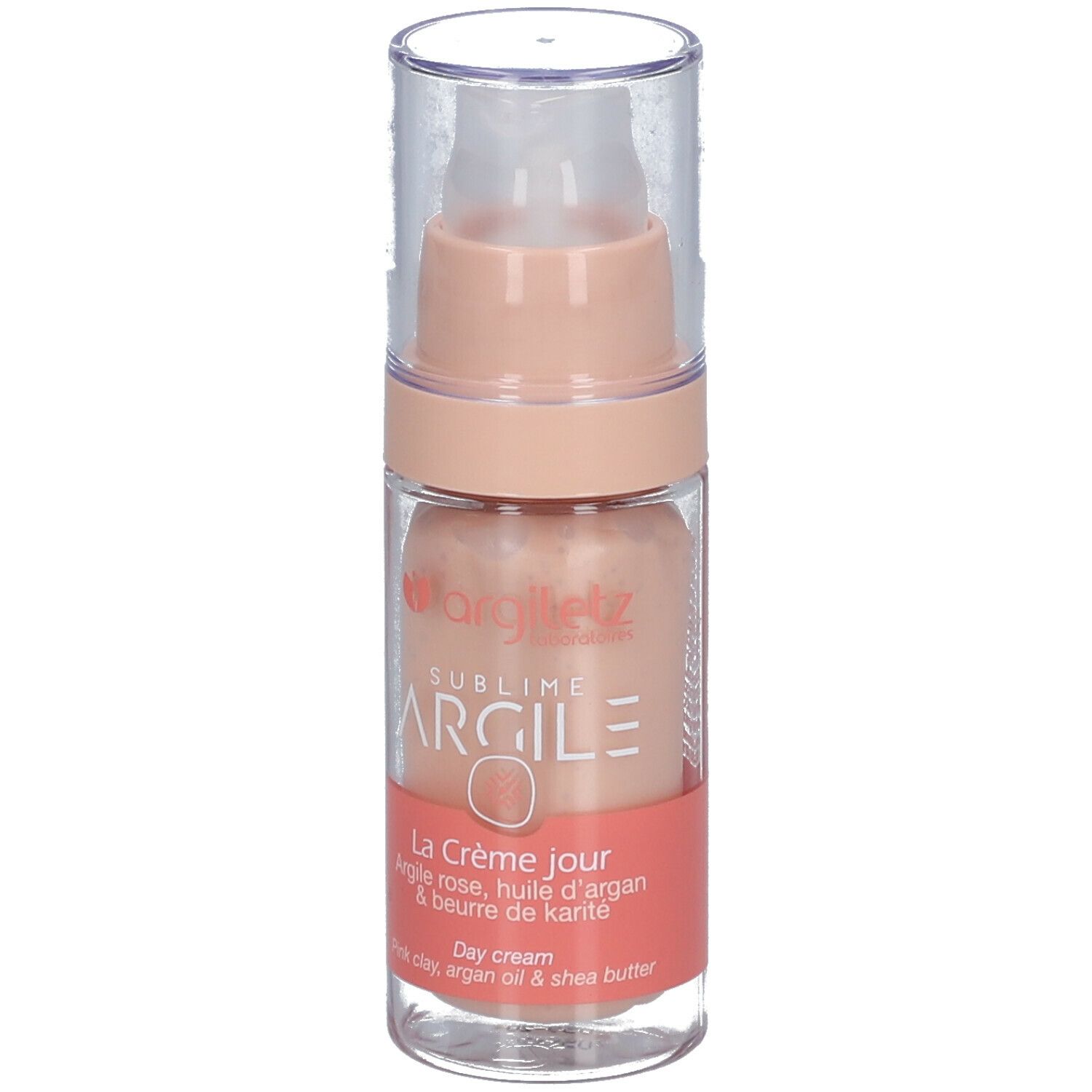Flacon de crème rose. Inscription: Argiletz Sublime Argile. Texte: La Crème jour, Argile rose, huile d'argan & beurre de karité.