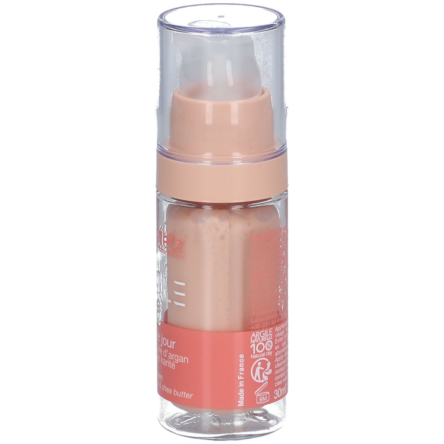Flacon de crème rose. Texte sur le côté. Inscription: Argiletz Sublime Argile. Texte: La Crème jour, Argile rose, 30ml.